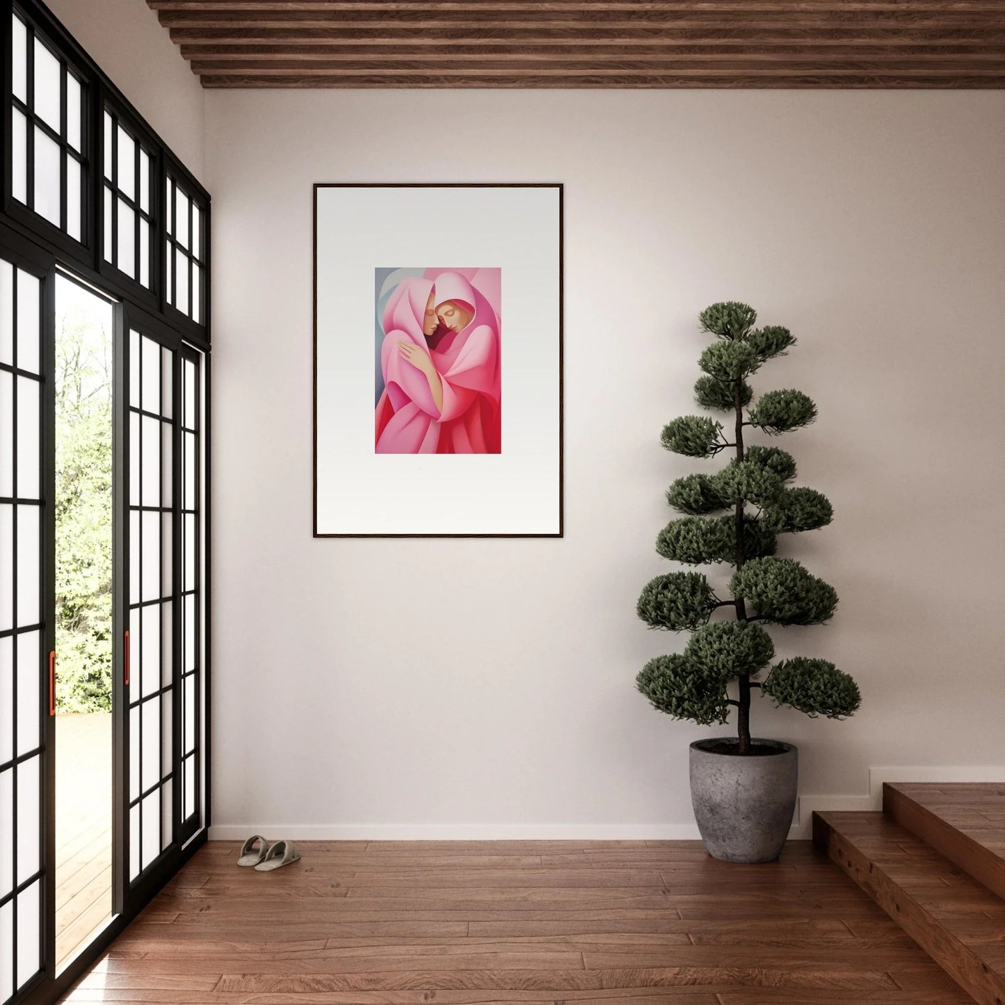 Framed canvas print of a pink flamingo in an abstract style for trendy room decoration