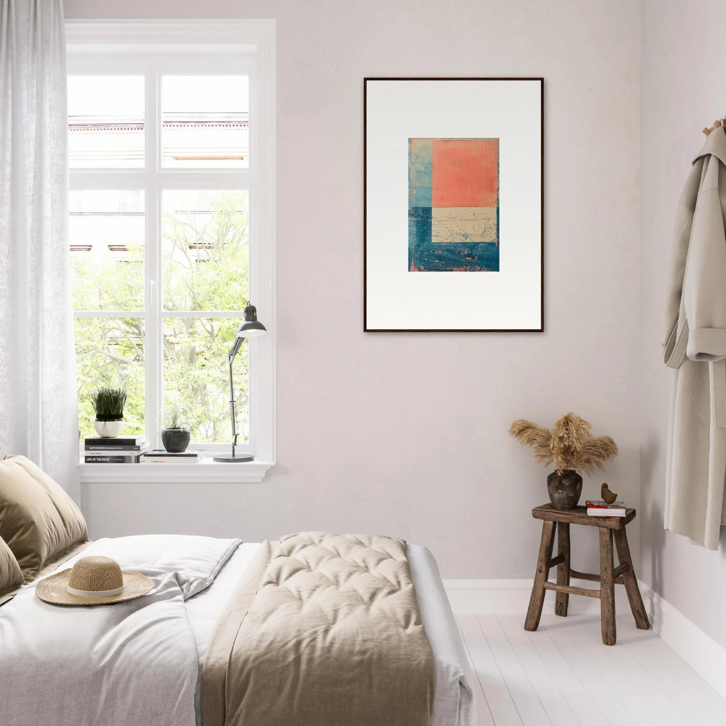 Minimalist bedroom showcasing a white color scheme and Palette Whispers canvas print