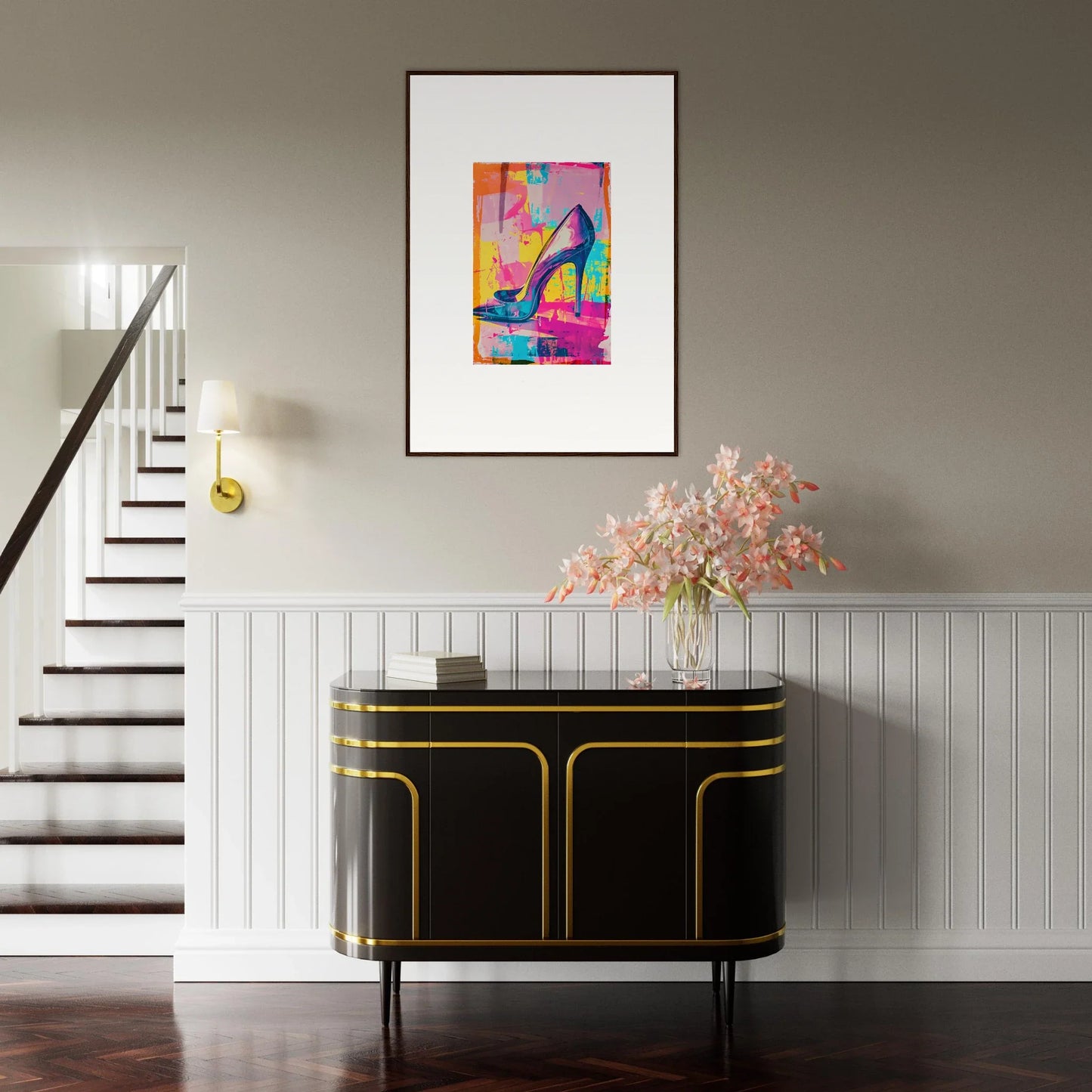 Colorful abstract painting as framed wall art above black and gold sideboard for room decor