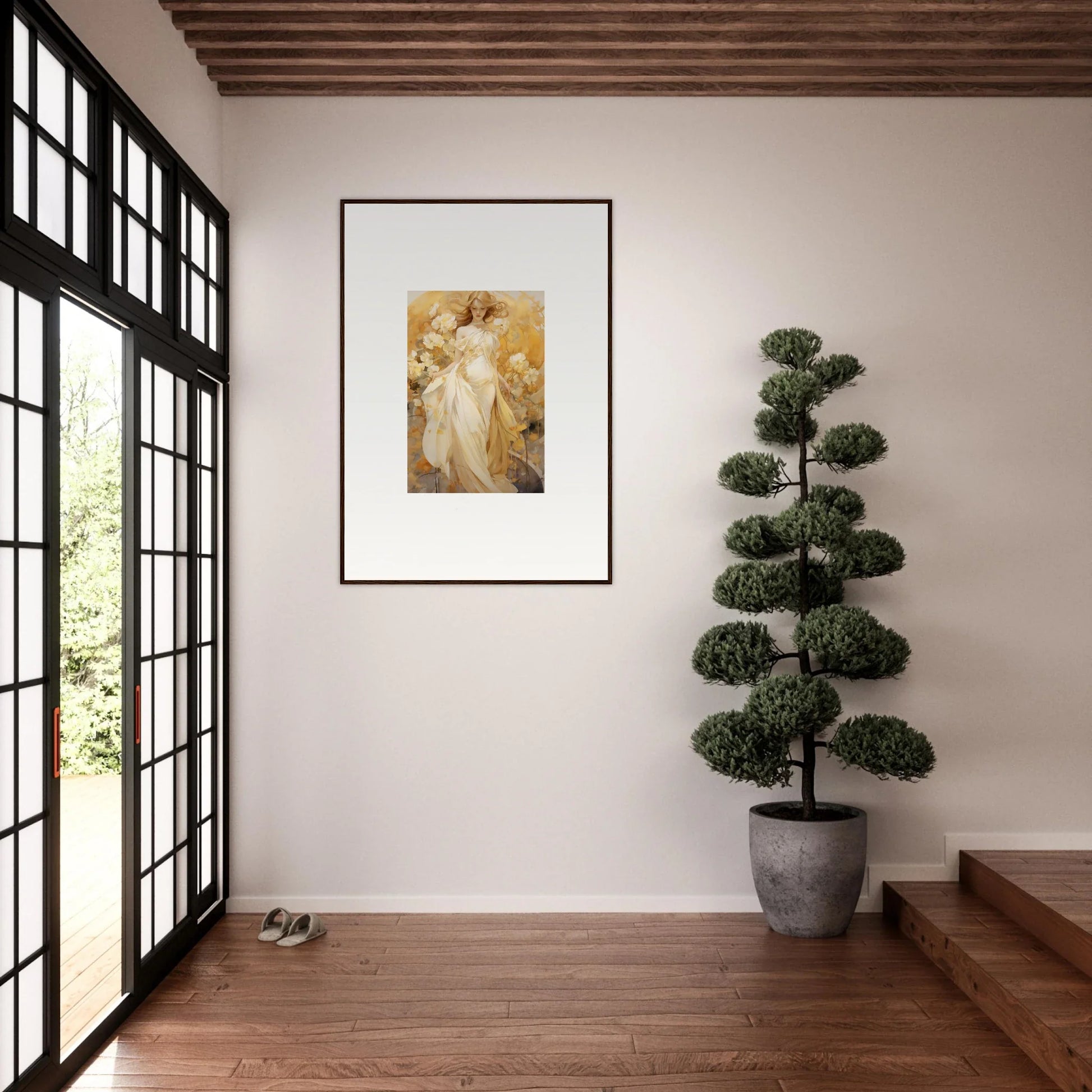 Framed canvas print of a golden feminine figure for stunning silk dream room decoration