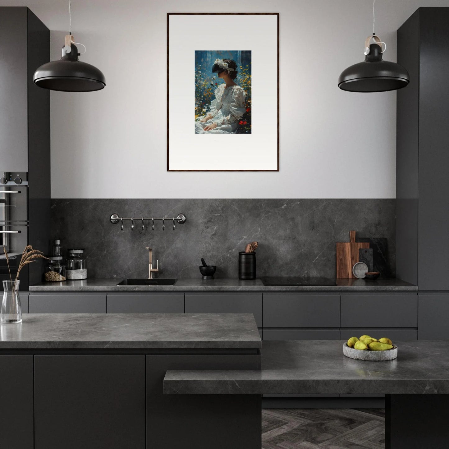 Modern kitchen with dark gray cabinets perfect for your Bloom Reverie room decoration