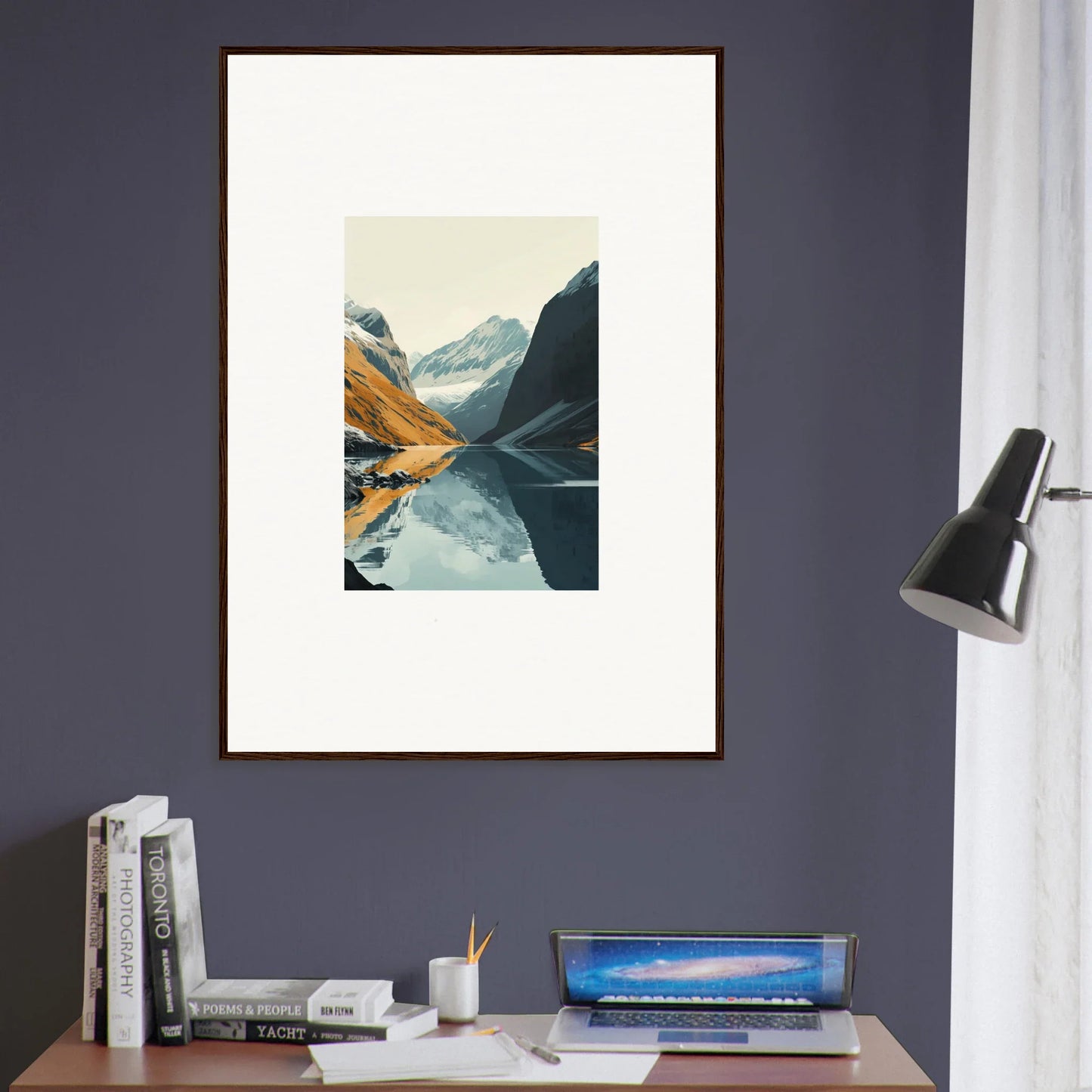 Framed canvas print of Glacier Harmony, perfect for room decoration with a serene lake view