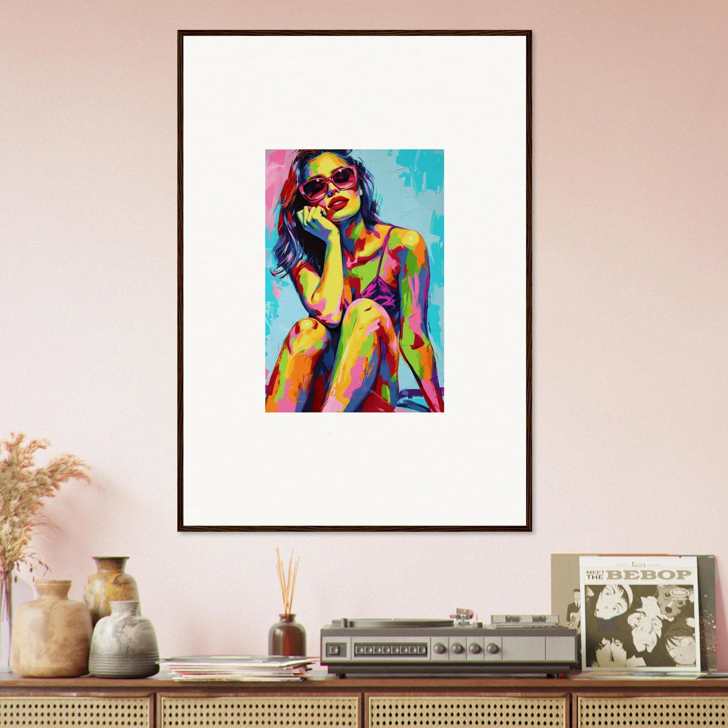 Colorful pop art portrait of a woman in sunglasses for trendy room decoration canvas print