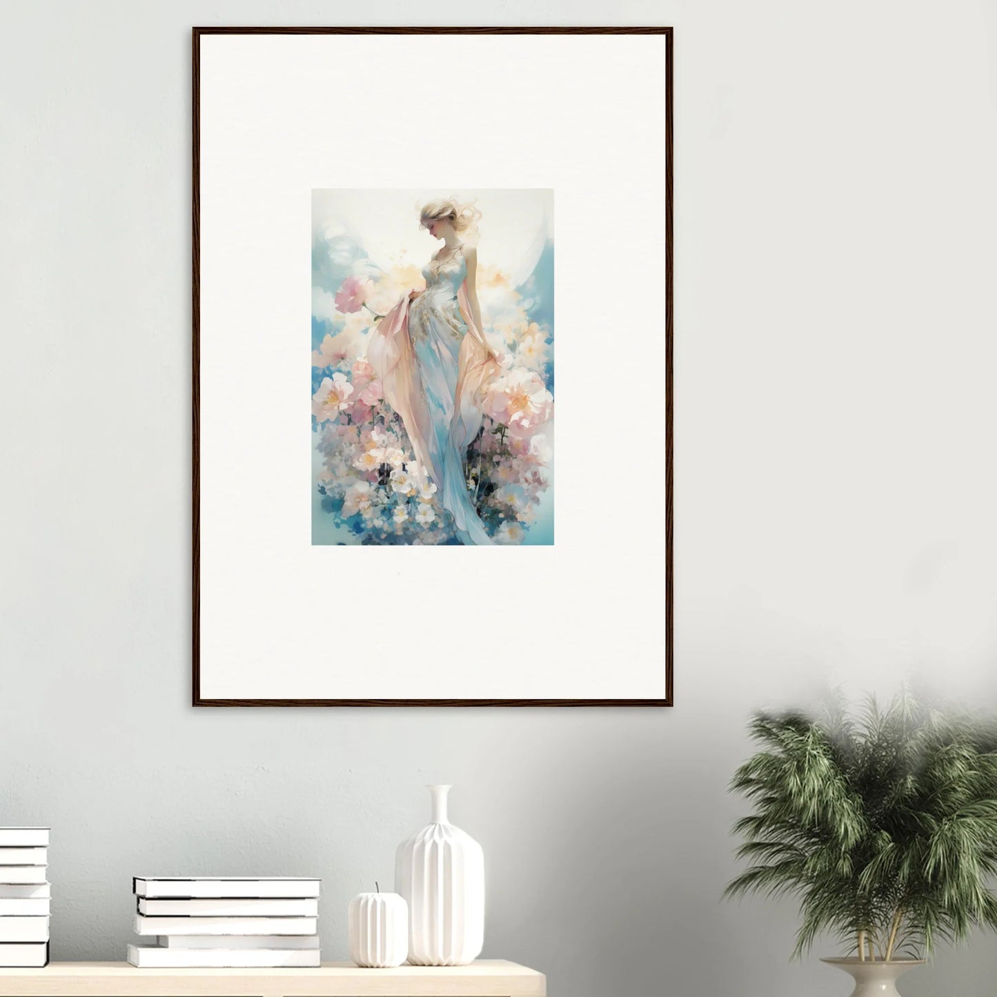 Framed watercolor painting of a female figure with flowers for dreamy room decoration