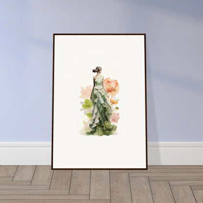 Framed watercolor of a woman in green dress, perfect for spring symphony room decoration