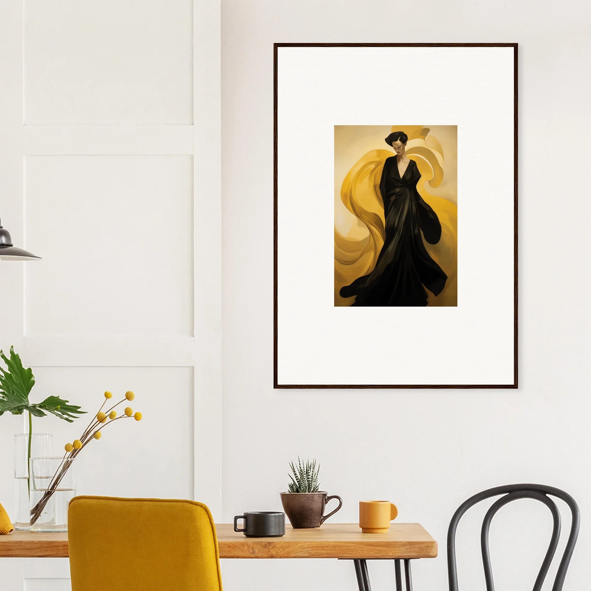 Stylized figure in a black dress on gold for stunning sun waves room decoration canvas print