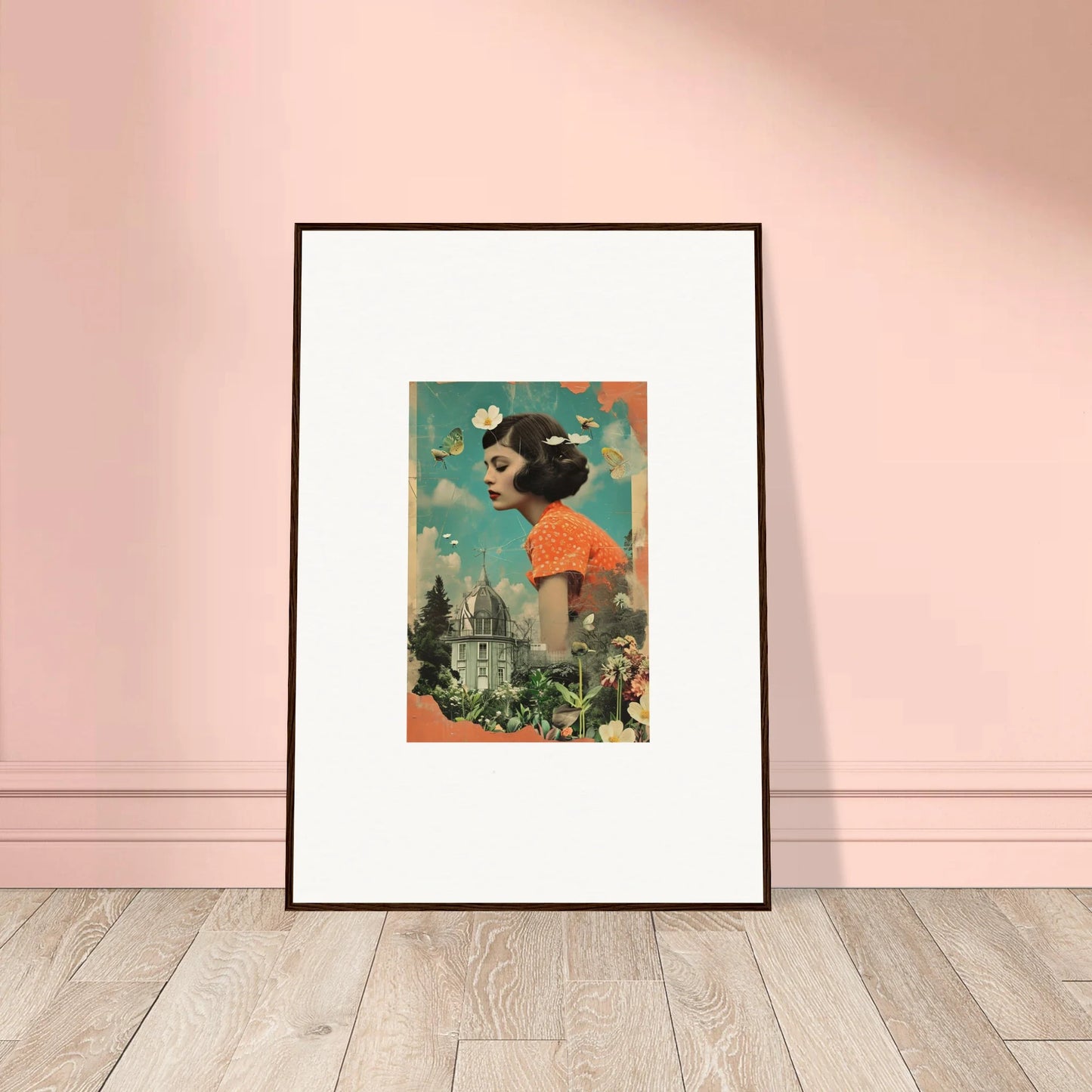 Framed surrealist collage of a figure in orange for cool room decoration, Botanical Parade canvas print