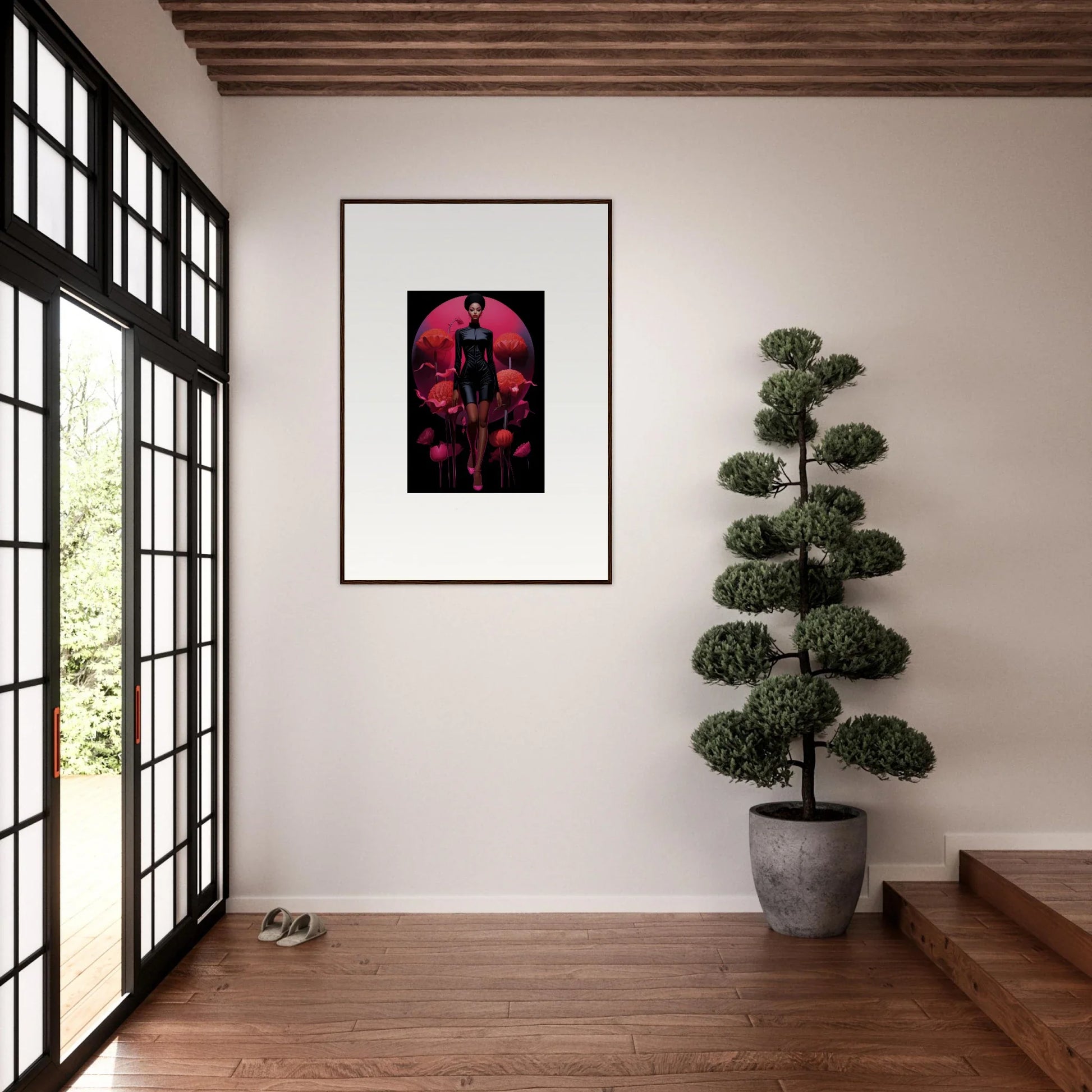 Framed canvas print of Etherial Tribal Reverie with dark silhouette on red background