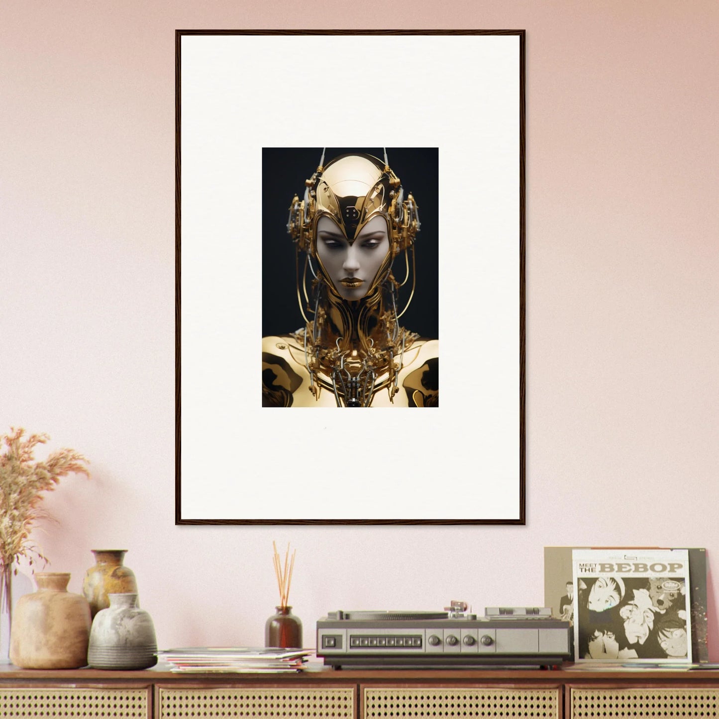 Framed canvas print of a stunning futuristic Chirping Inventrix for room decoration