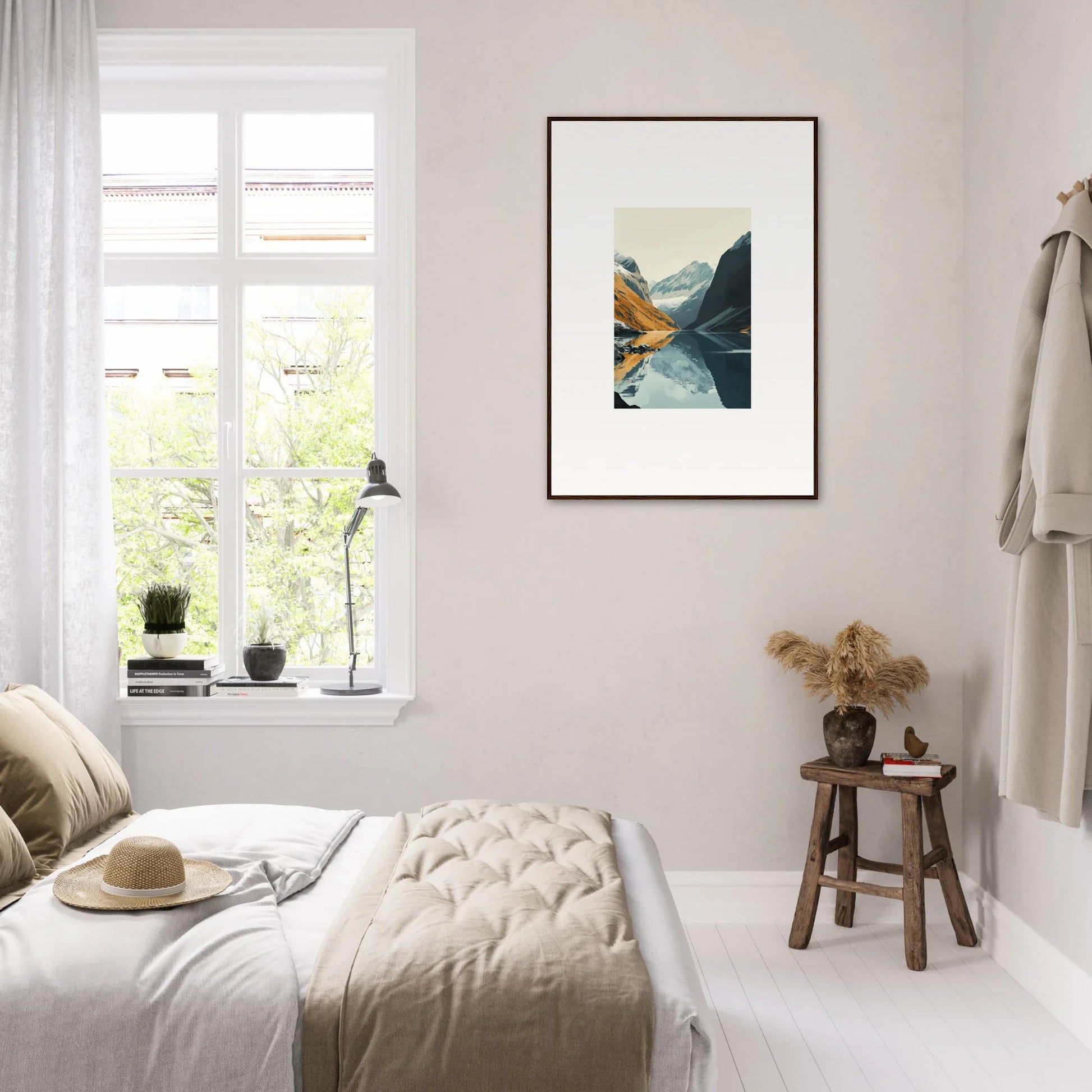 Cozy bedroom with neutral decor and Glacier Harmony canvas print on the wall