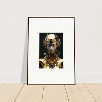 Framed canvas print of a golden robotic figure for cool room decoration, Chirping Inventrix