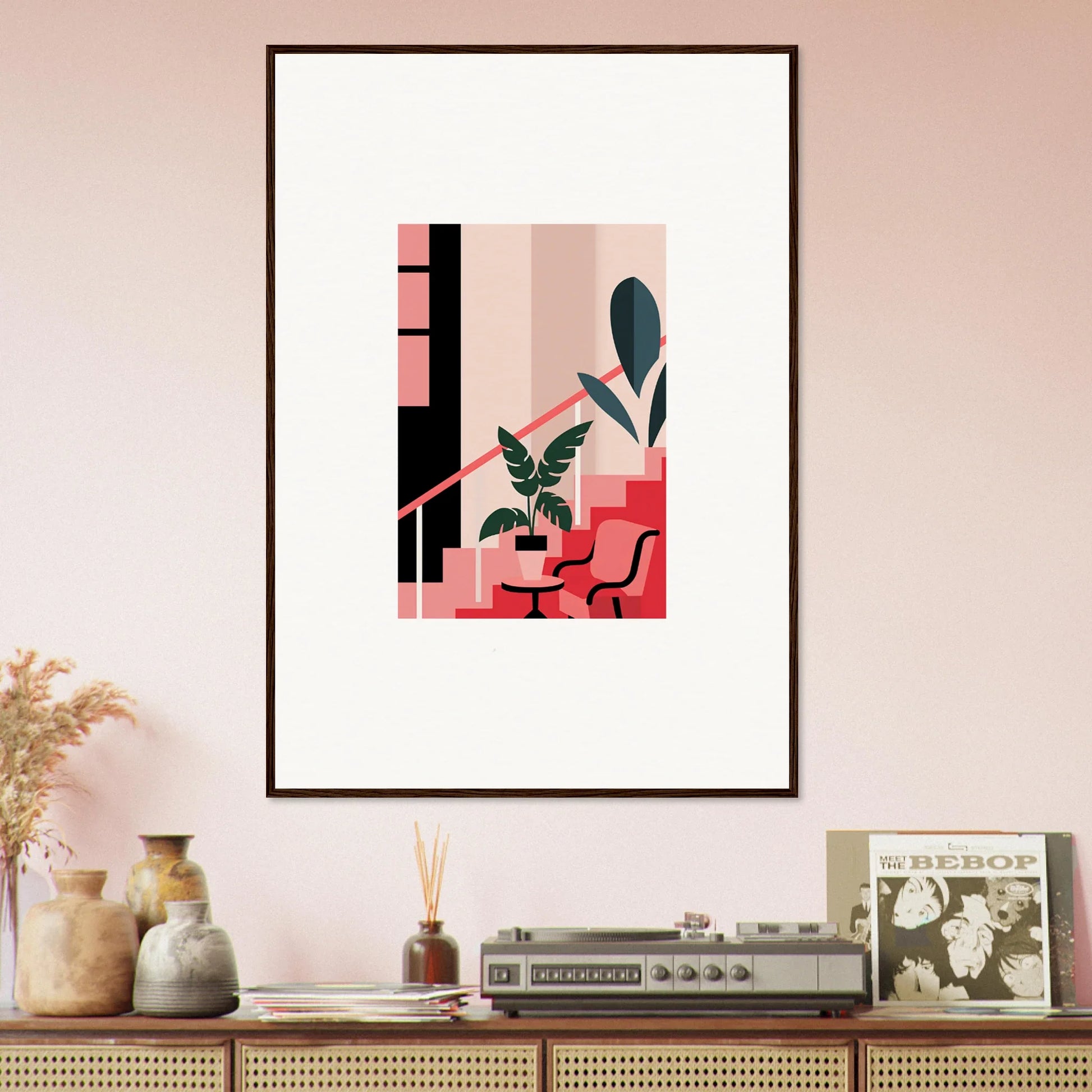 Framed canvas print of daydream expression with pink-green geometric art and plant