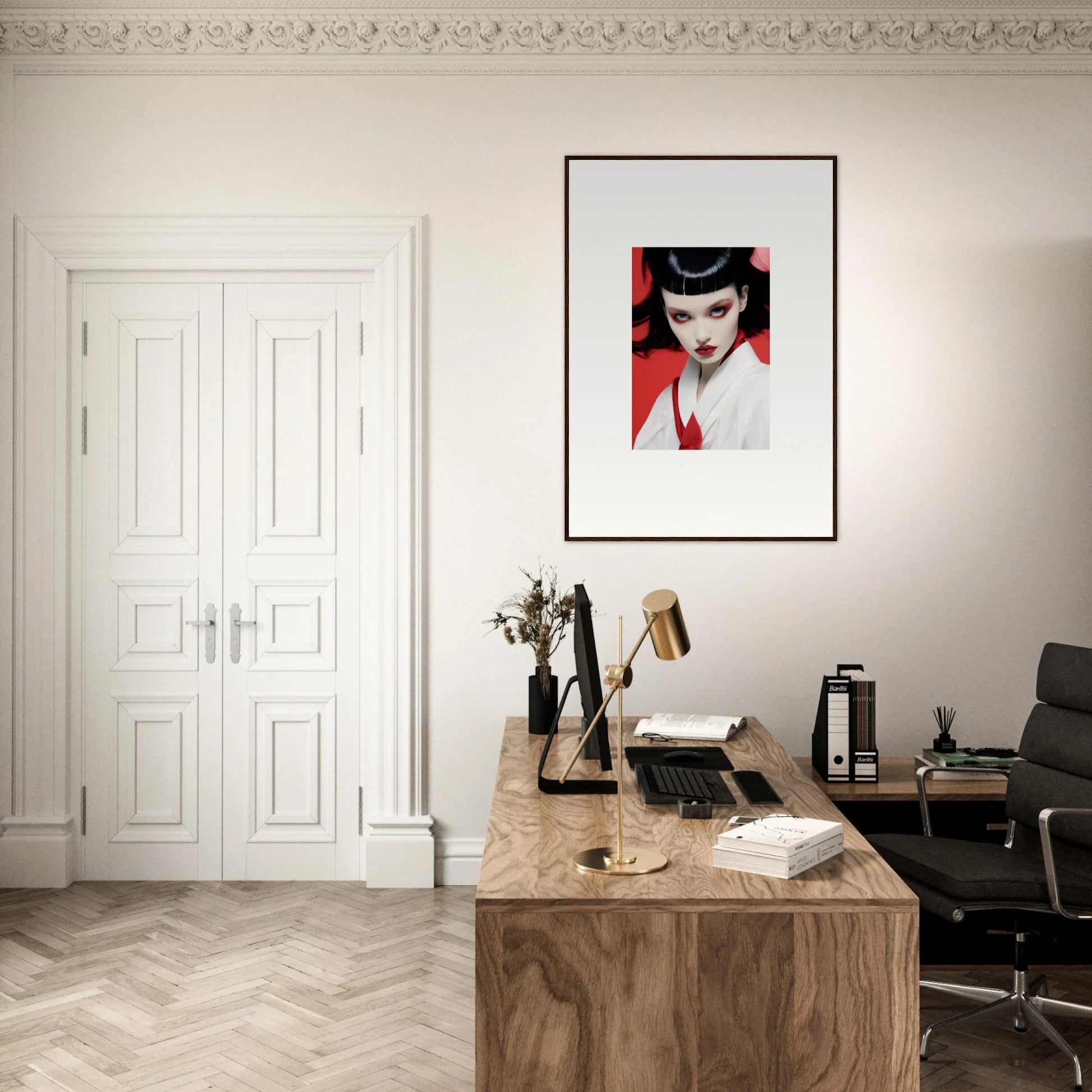 Stylish home office with wooden desk and cherry dream canvas print on wall