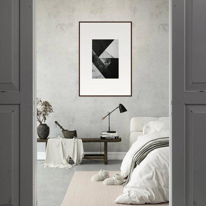 Stylish minimalist bedroom with monochromatic wall art and chic canvas print décor