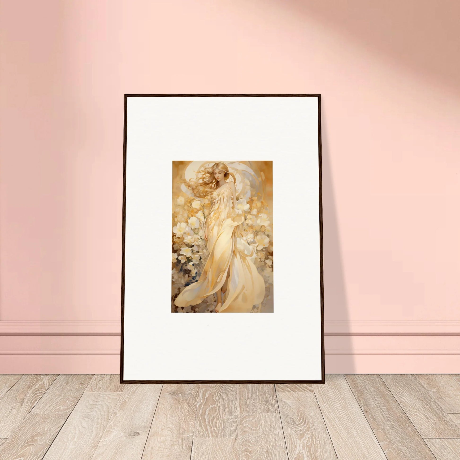 Framed canvas print of an ethereal female figure in floral harmony for stylish room decoration