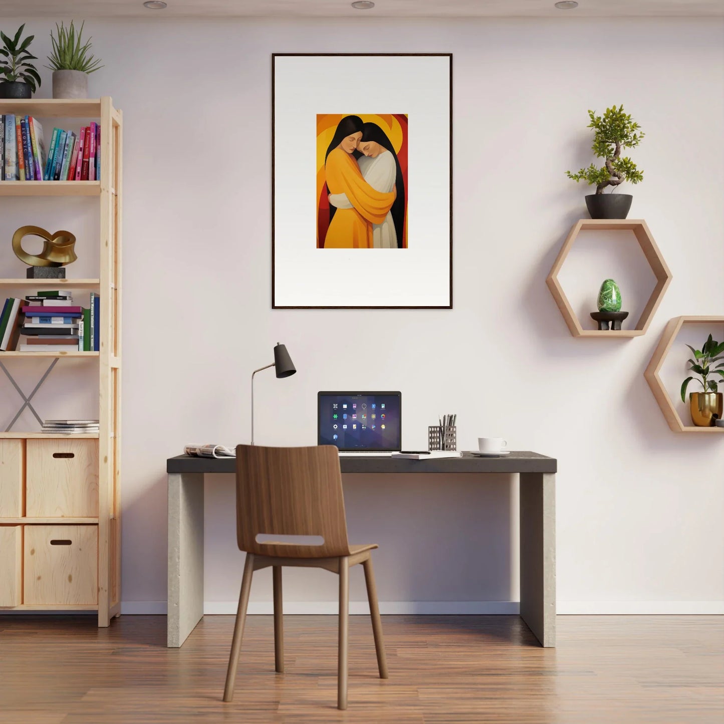 Cozy Modern Home Office featuring Sun Nyah wall art for stylish room decoration