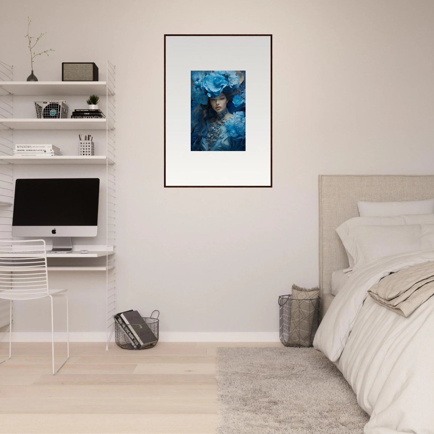 Framed canvas print of a figure in blue tones, perfect for room decoration, Dreaming Blue Symphony