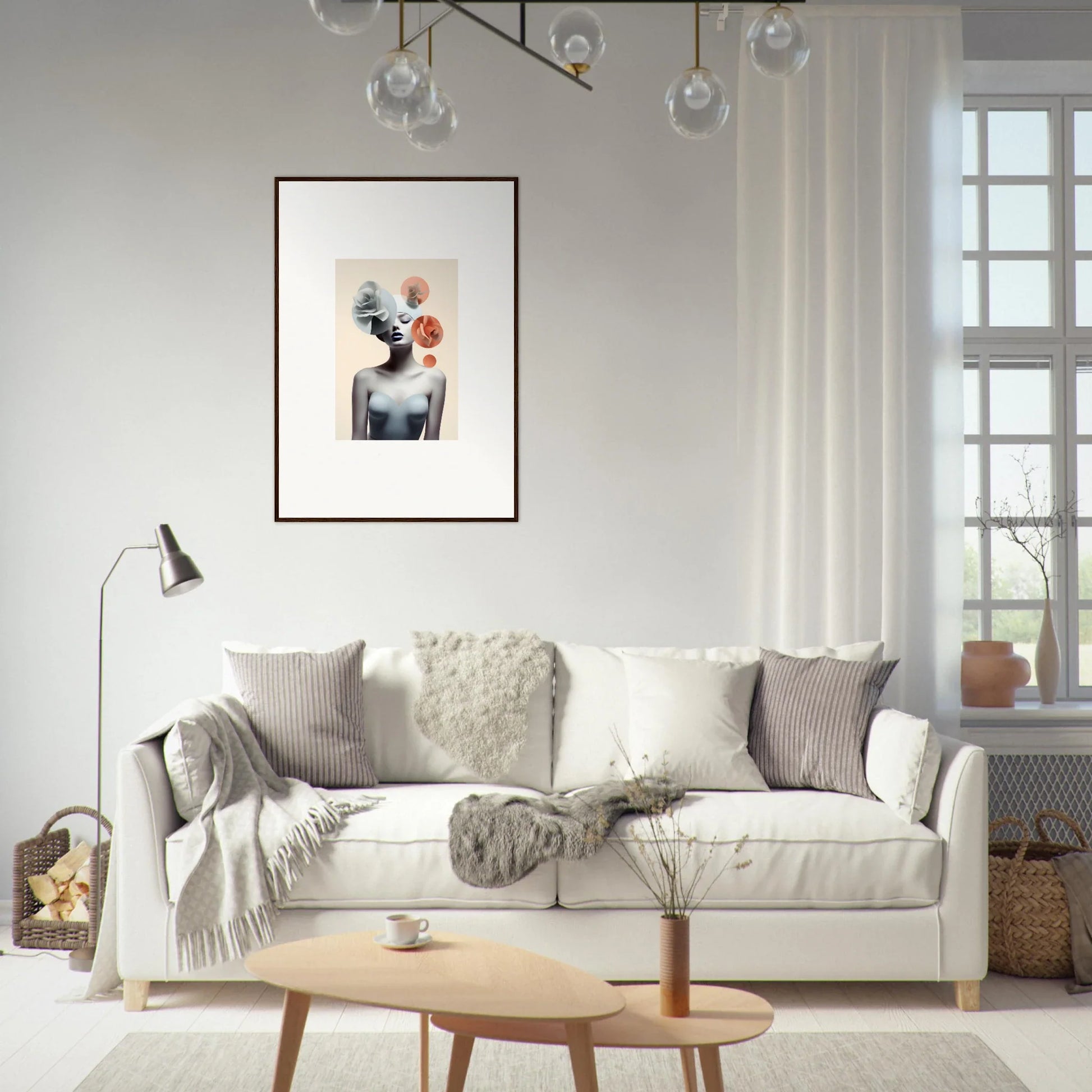 White sofa with pillows and blankets for cozy Room Decoration in Ephemeral Blossom Nexus