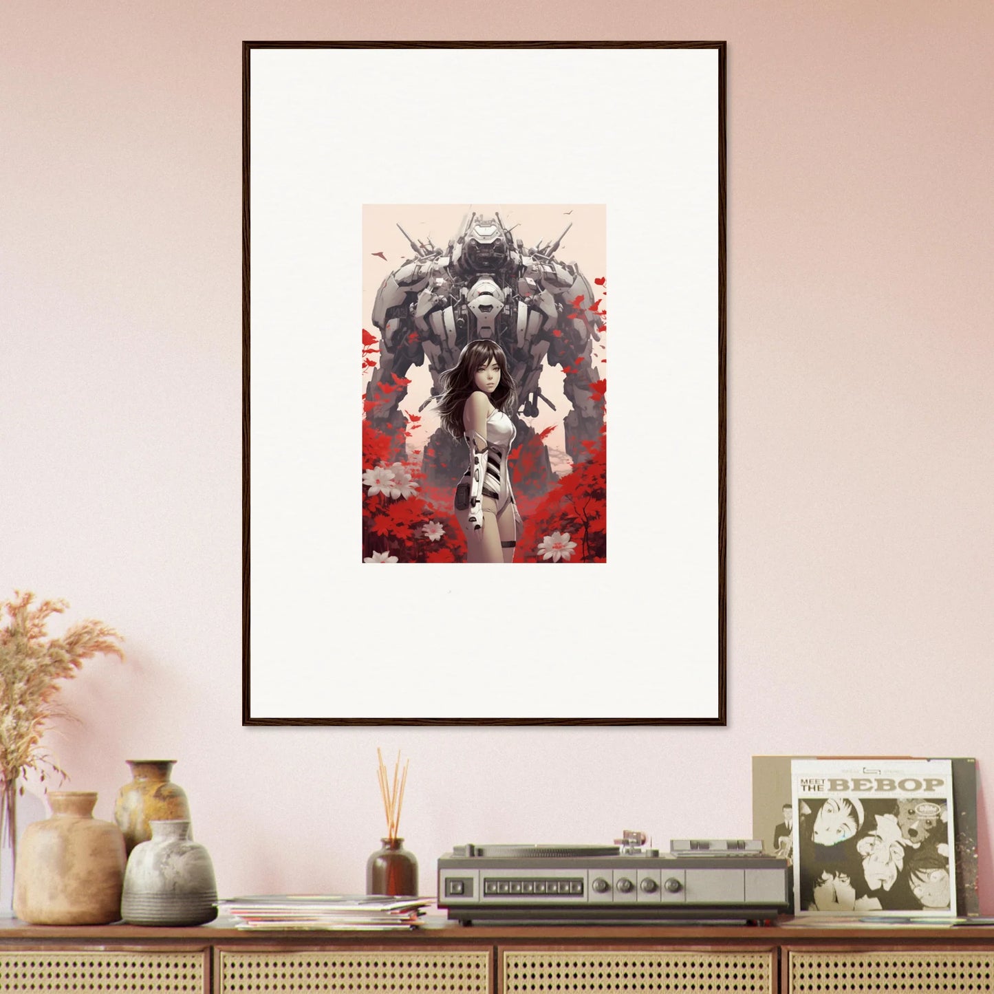 Framed canvas print of armored figure in red and gray for poppy lucidity room decoration