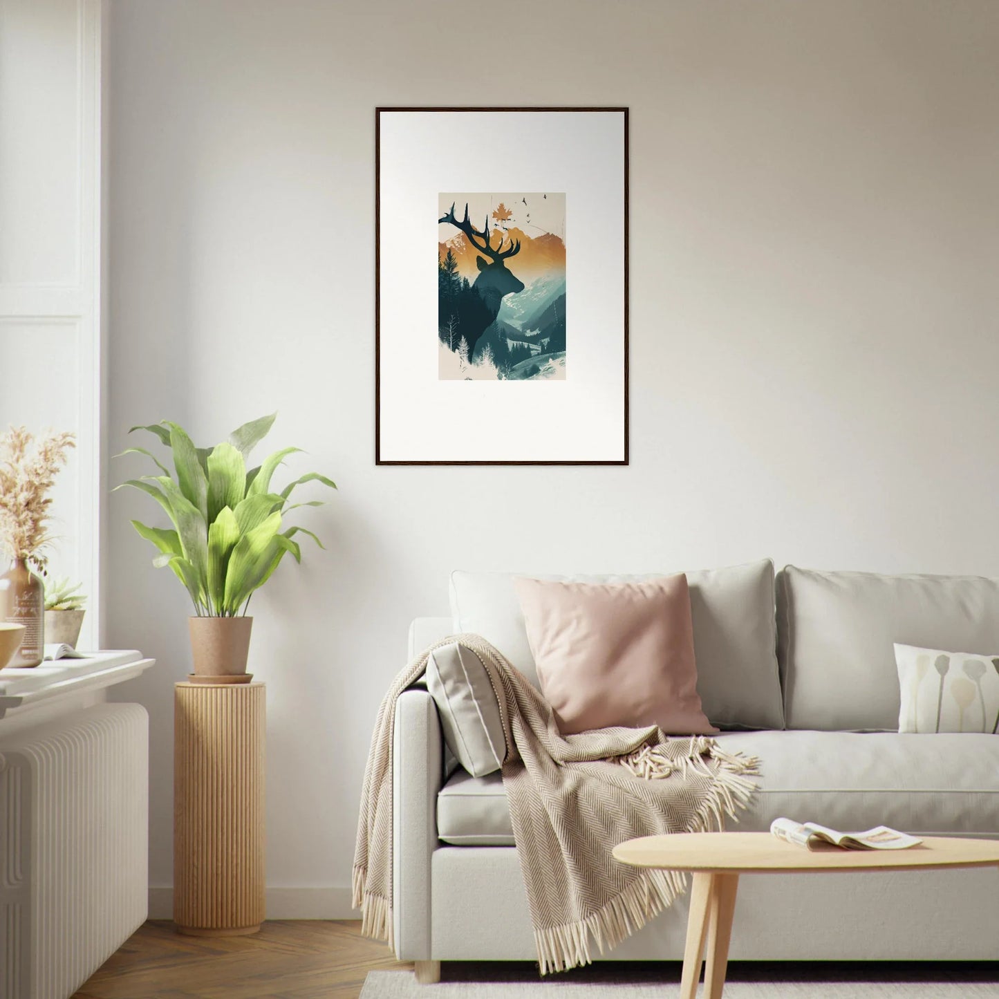 Framed canvas print of stag haze silhouette in a misty forest for stylish room decoration