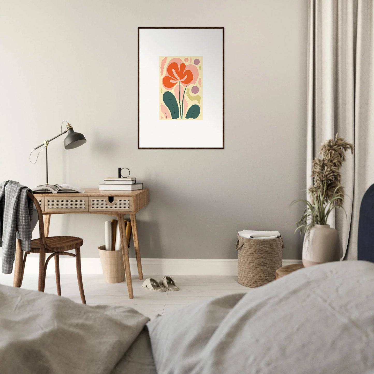 Framed abstract floral canvas print in orange and green for unique room decoration