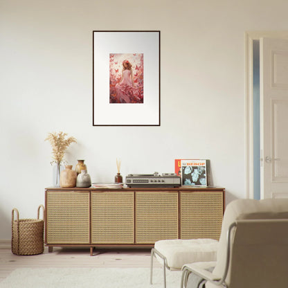 Stylish wooden sideboard with cane-webbed doors and autumn lattice decor on top