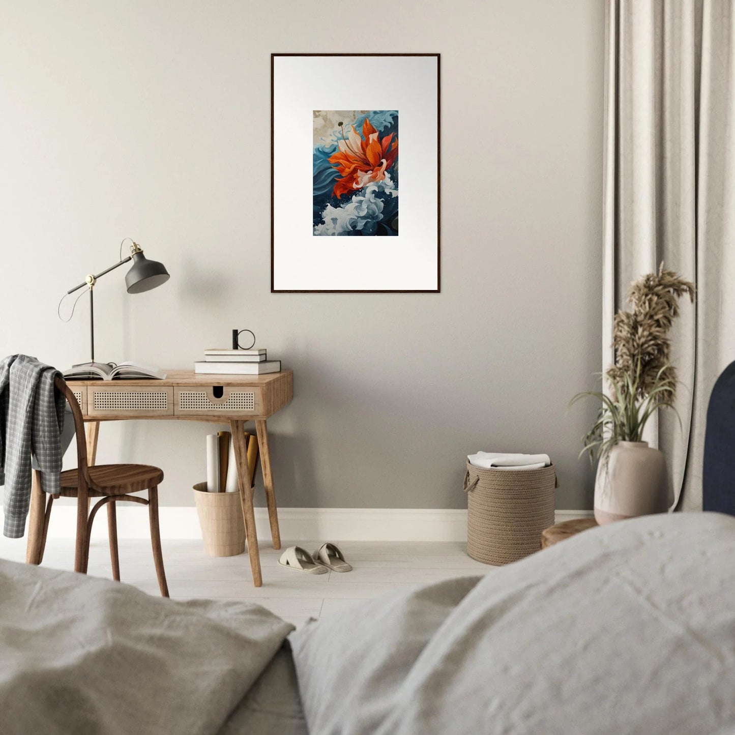 Framed canvas print of Elusive Petal Odyssey in striking red and blue for room decoration