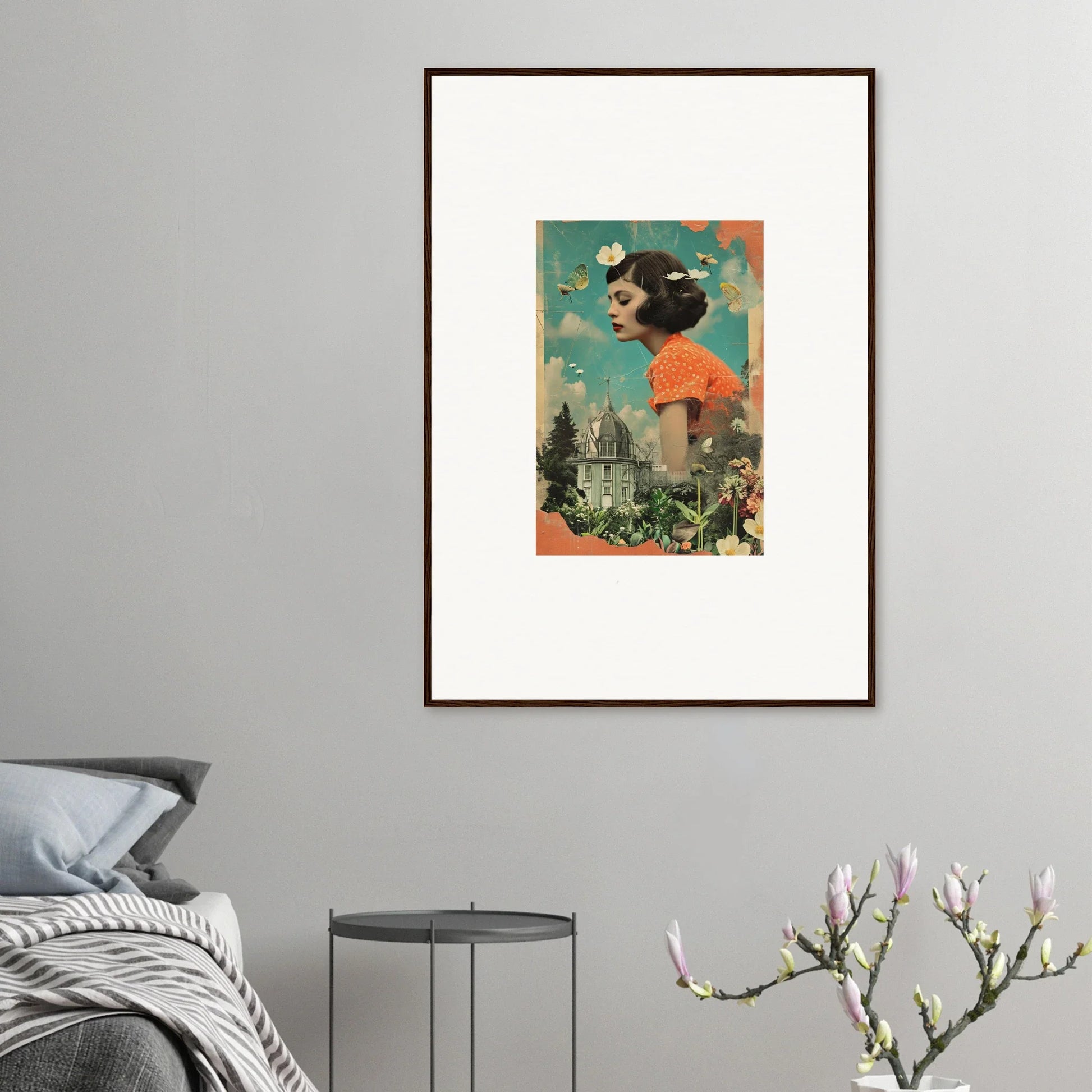 Framed surrealist collage of a vintage portrait in a botanical parade canvas print