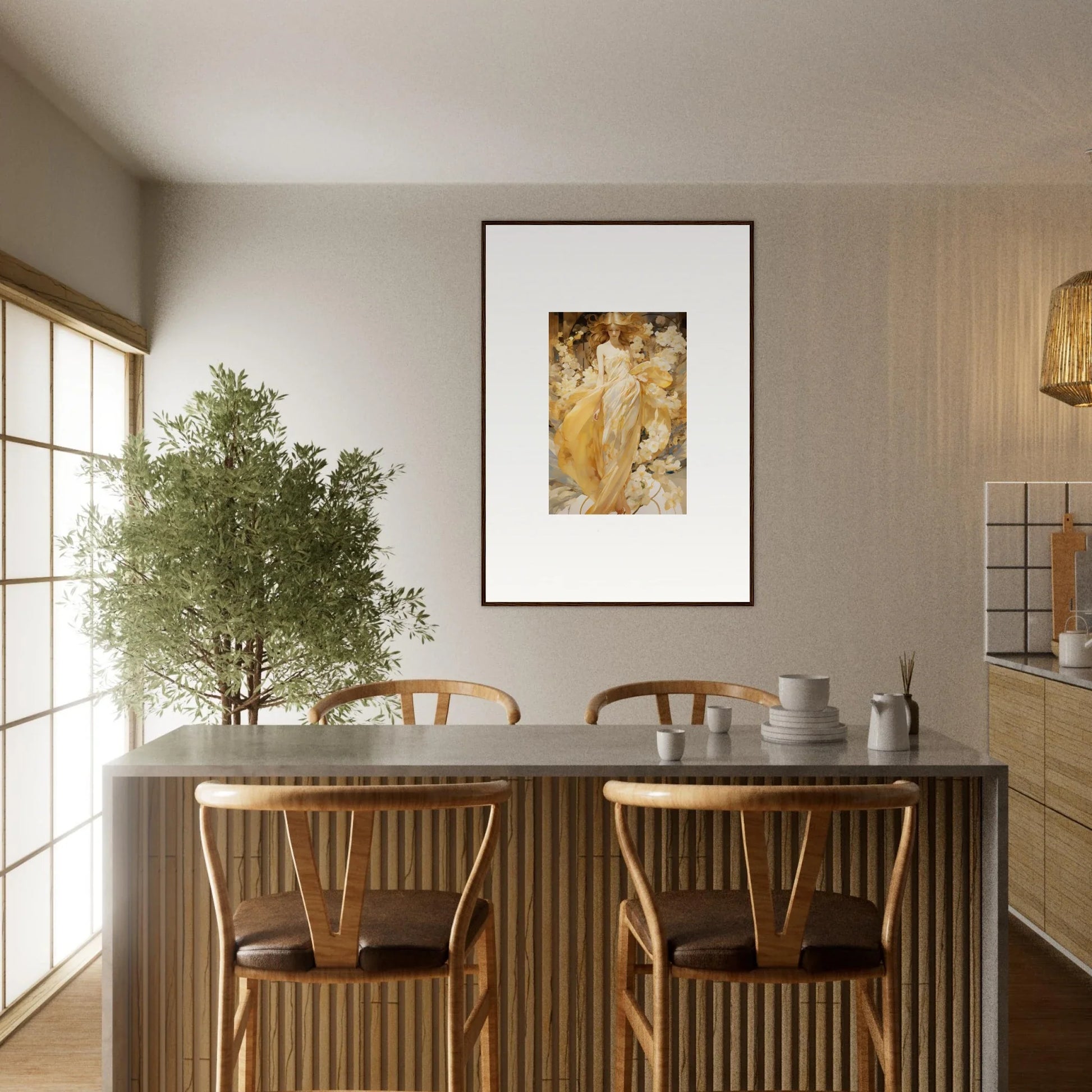 Dining table with wooden chairs in a minimalist room decoration for Petal Serenade