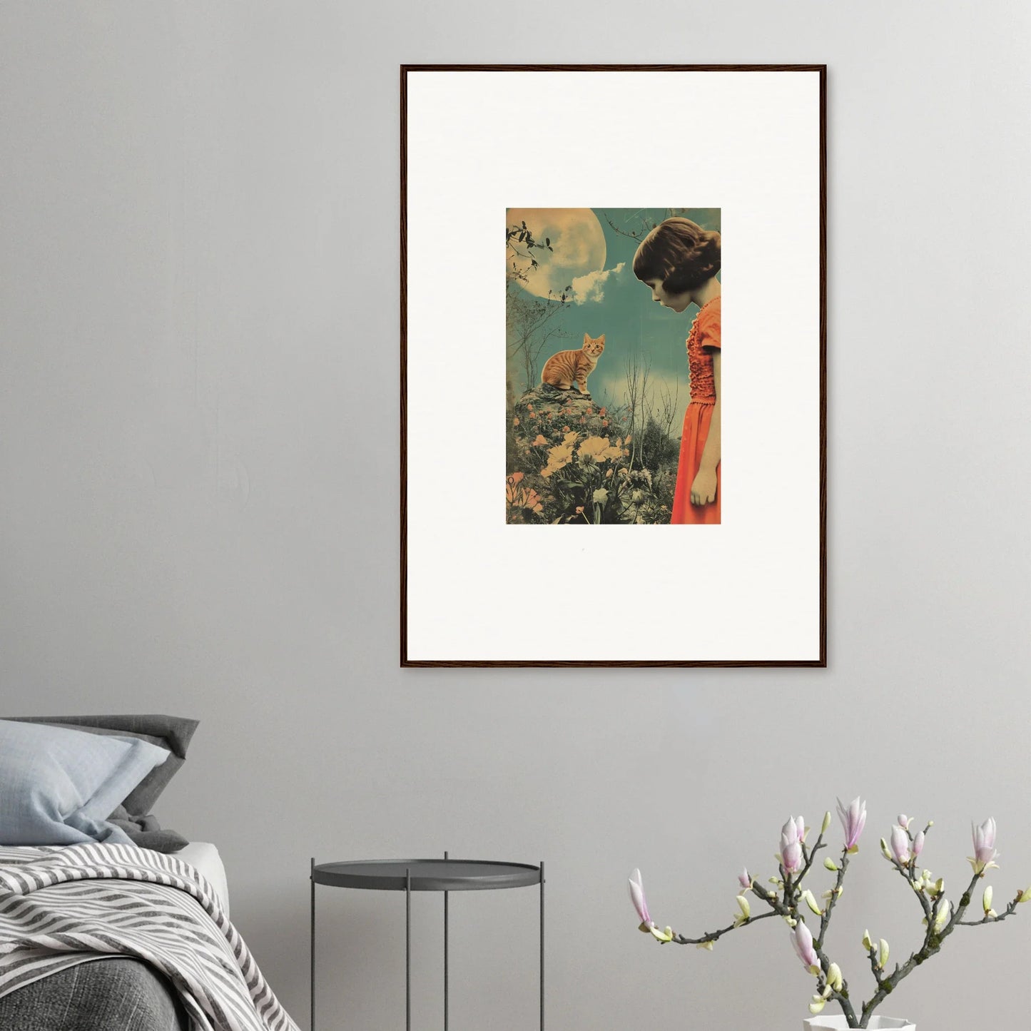 Framed surrealist canvas print of whimsy reverie with a cat and moon for room decoration