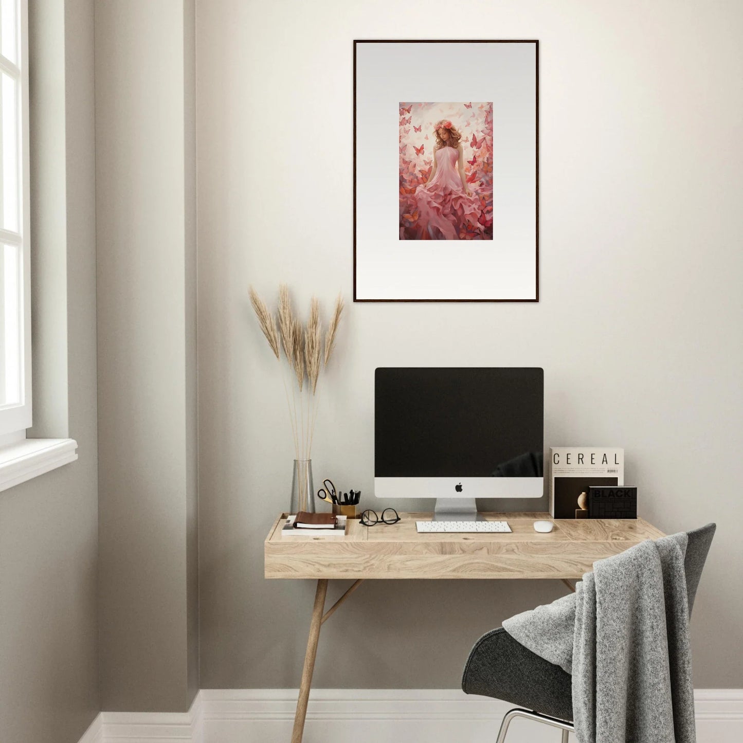 Cozy minimalist home office with wooden desk, computer, and Autumn Lattice canvas print