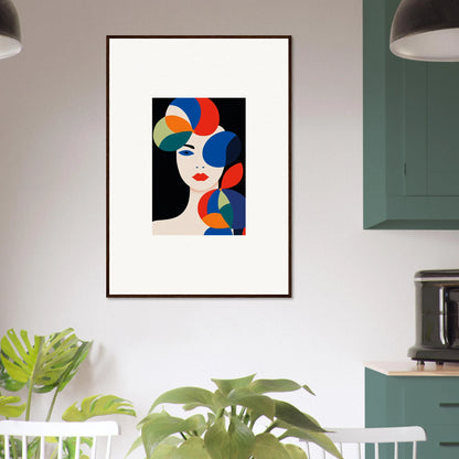 Framed abstract portrait with colorful shapes and red lips, a perfect canvas print for room decoration