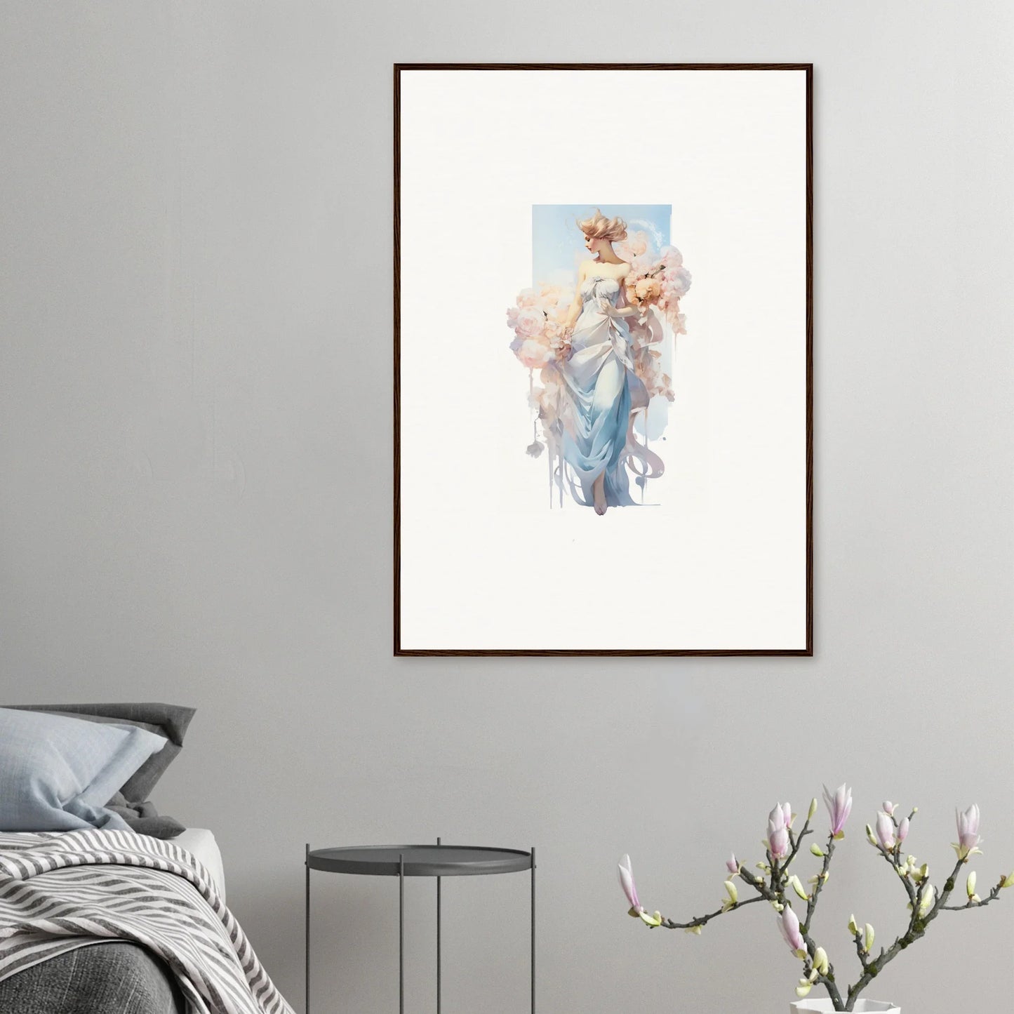 Framed watercolor painting of a graceful figure, perfect for bouquet waltz room decoration