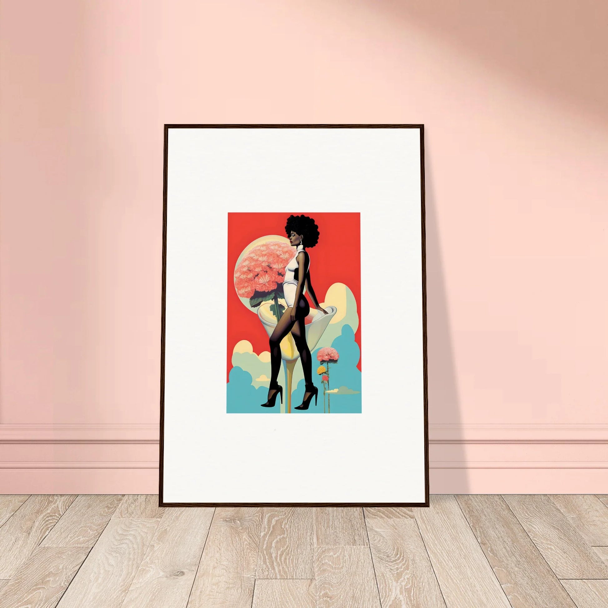 Framed canvas print of floral highs silhouette on a vibrant abstract background