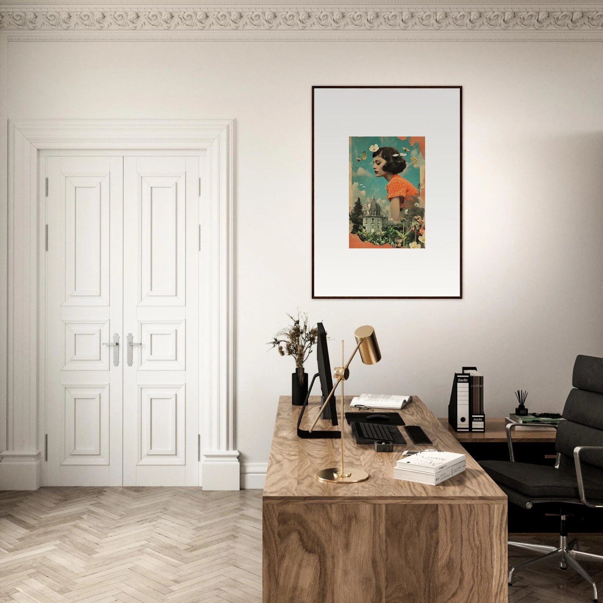 Home office vibe with a wooden desk, chair, and Botanical Parade canvas print