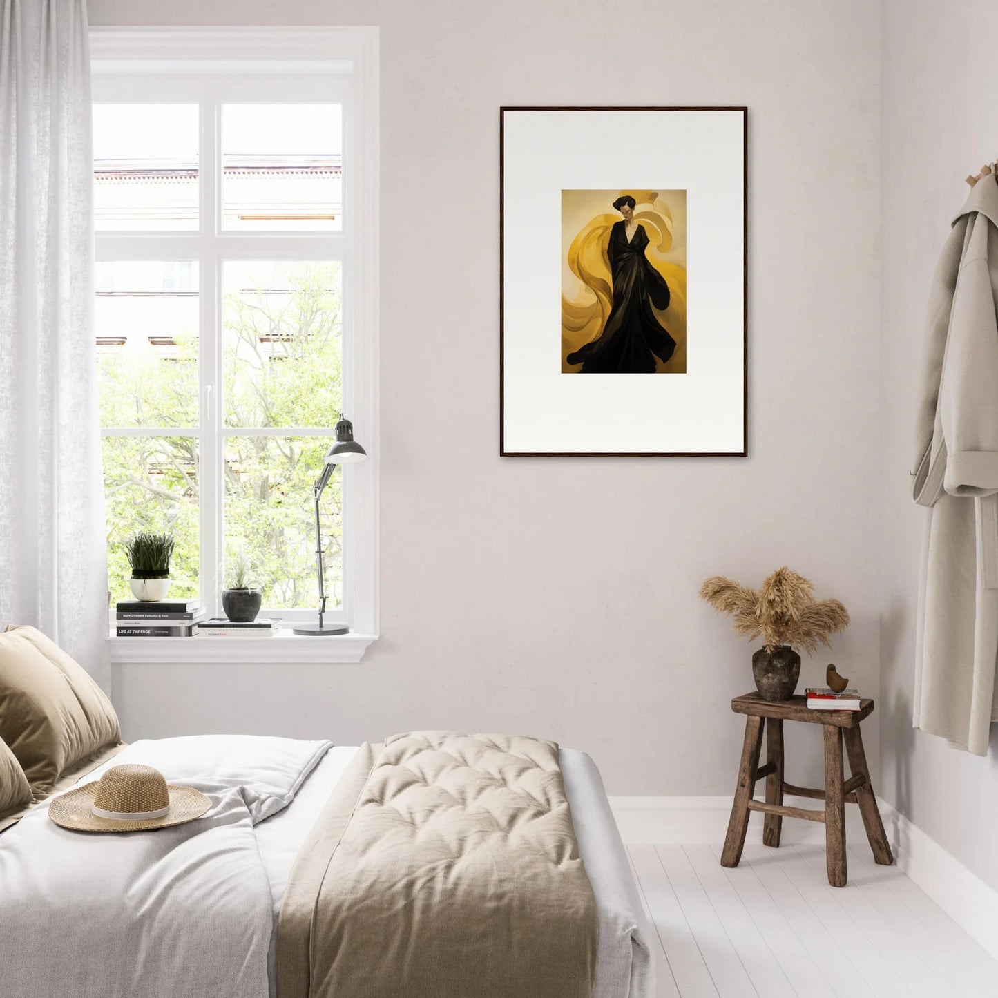 Cozy bedroom with neutral decor featuring a sun waves canvas print on the wall