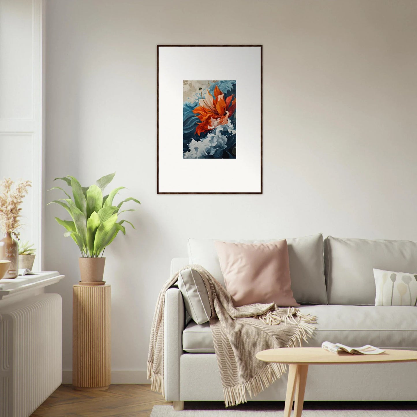 Framed abstract canvas print ’Elusive Petal Odyssey’ with vibrant red and blue colors