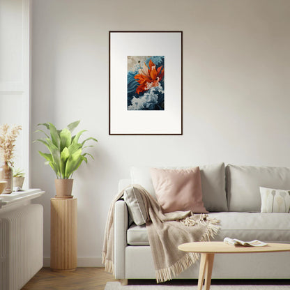 Framed abstract canvas print ’Elusive Petal Odyssey’ with vibrant red and blue colors