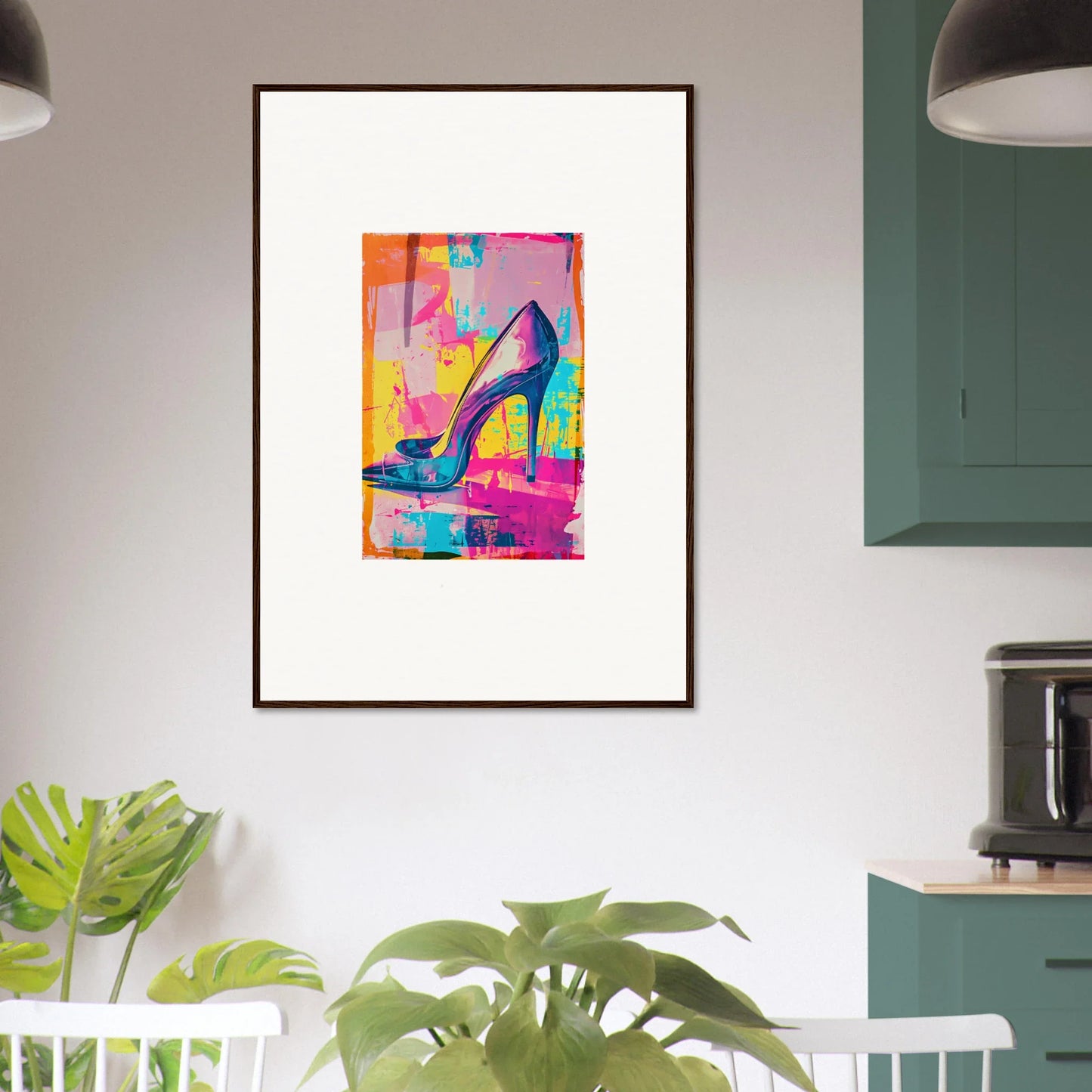 Colorful abstract painting of a high-heeled shoe for trendy room decor and heel phenomenon