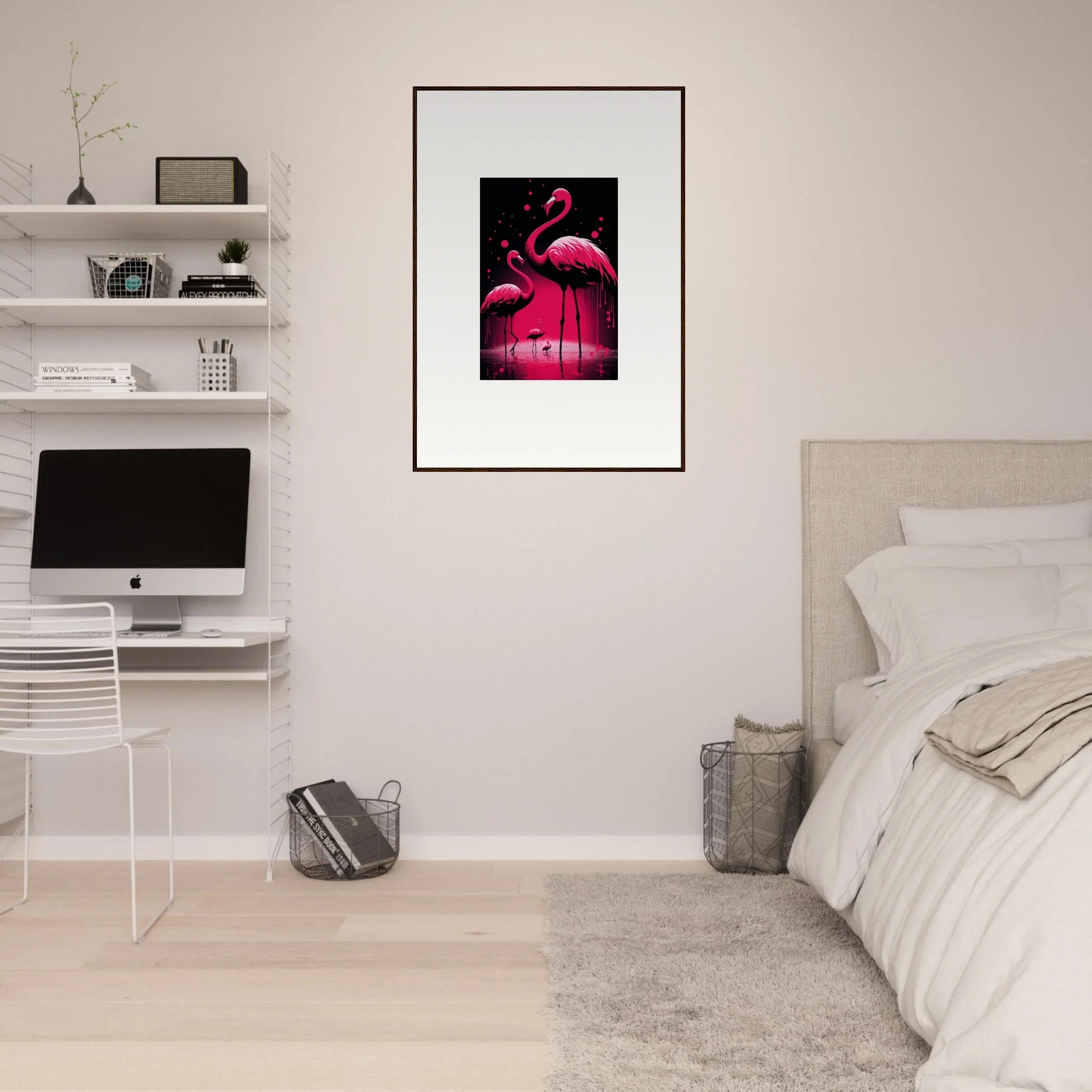 Vibrant pink flamingos canvas print for stylish room decoration, Glowing Feather Wanderers