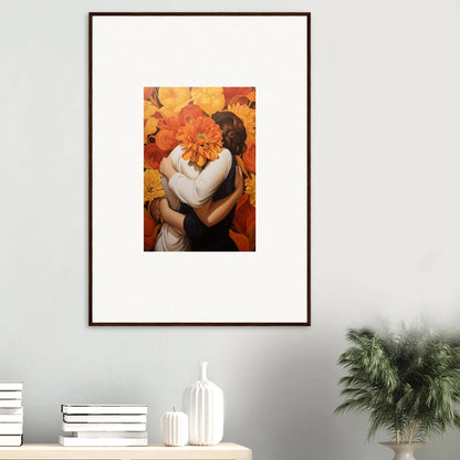 Framed canvas print of two figures embracing in a vibrant autumn euphoria embrace scene