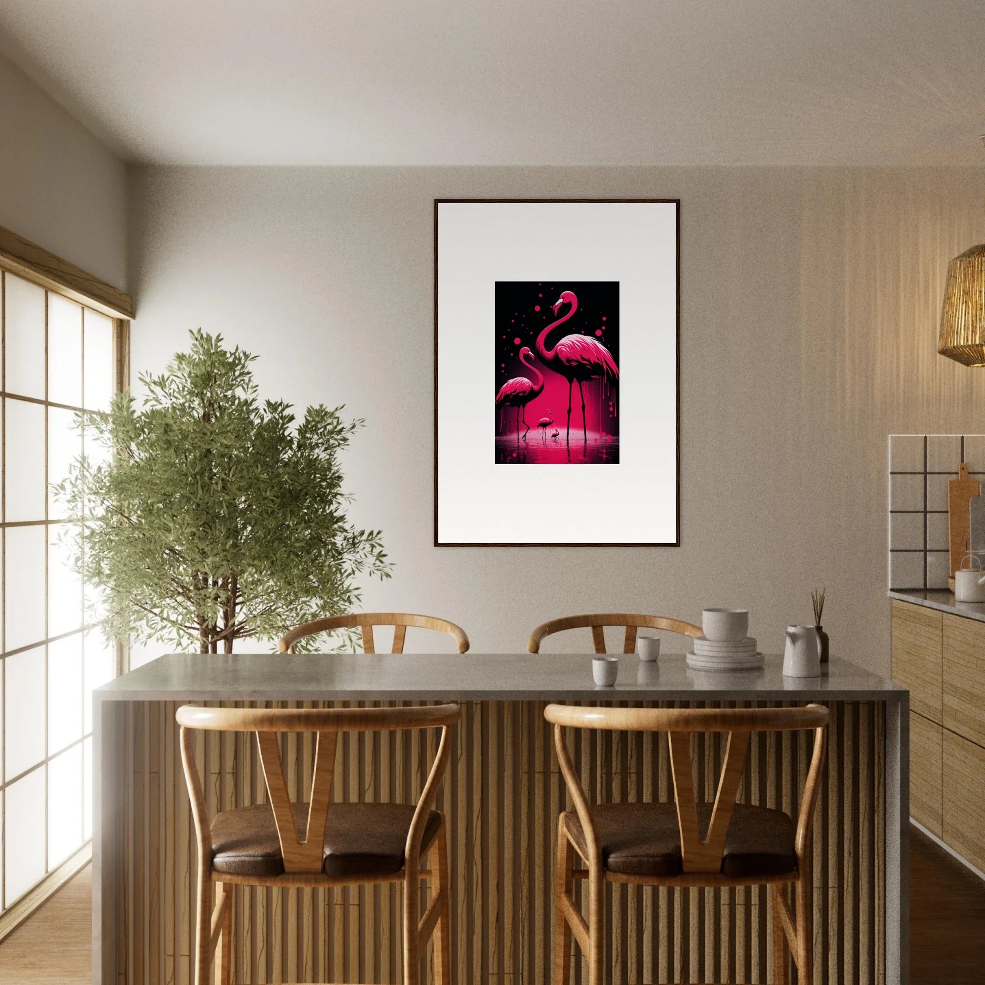 Dining area with a table, chairs, and a vibrant Flamingo canvas print for room decoration