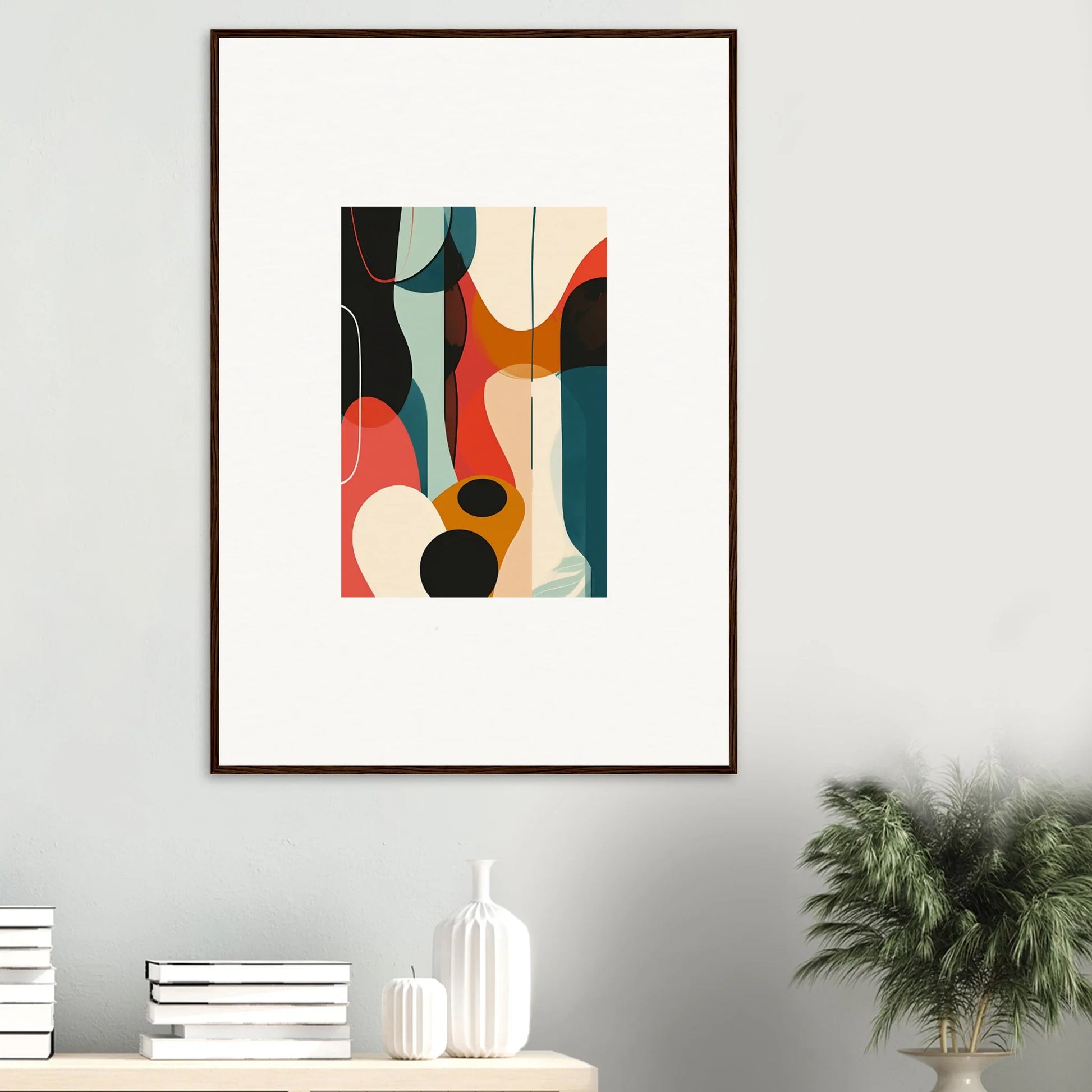 Framed Abstract Canvas Print with Curved Shapes in Teal, Orange, and Black for Room Decoration