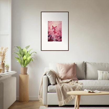 Framed canvas print of a pink butterfly for spring euphoria room decoration