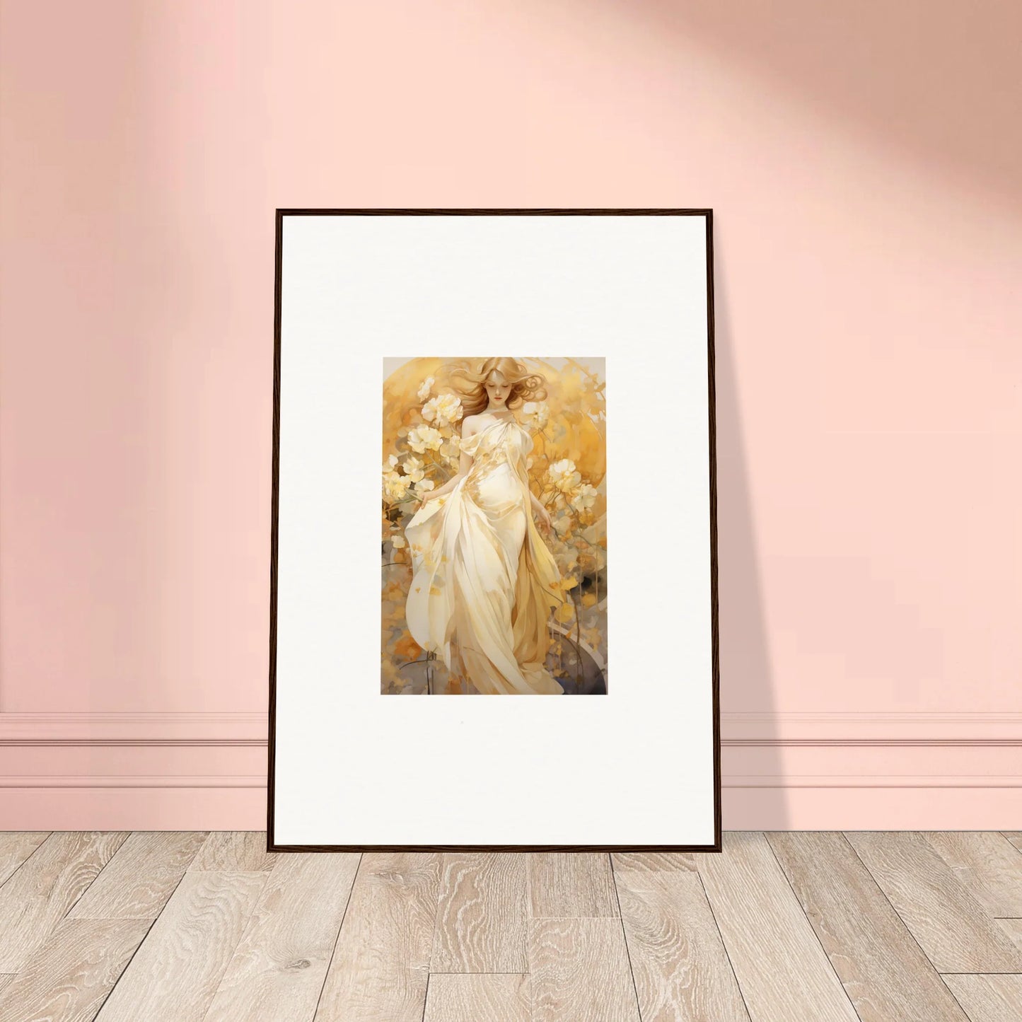 Framed canvas print of a silk dream female figure amid golden flowers for room decoration