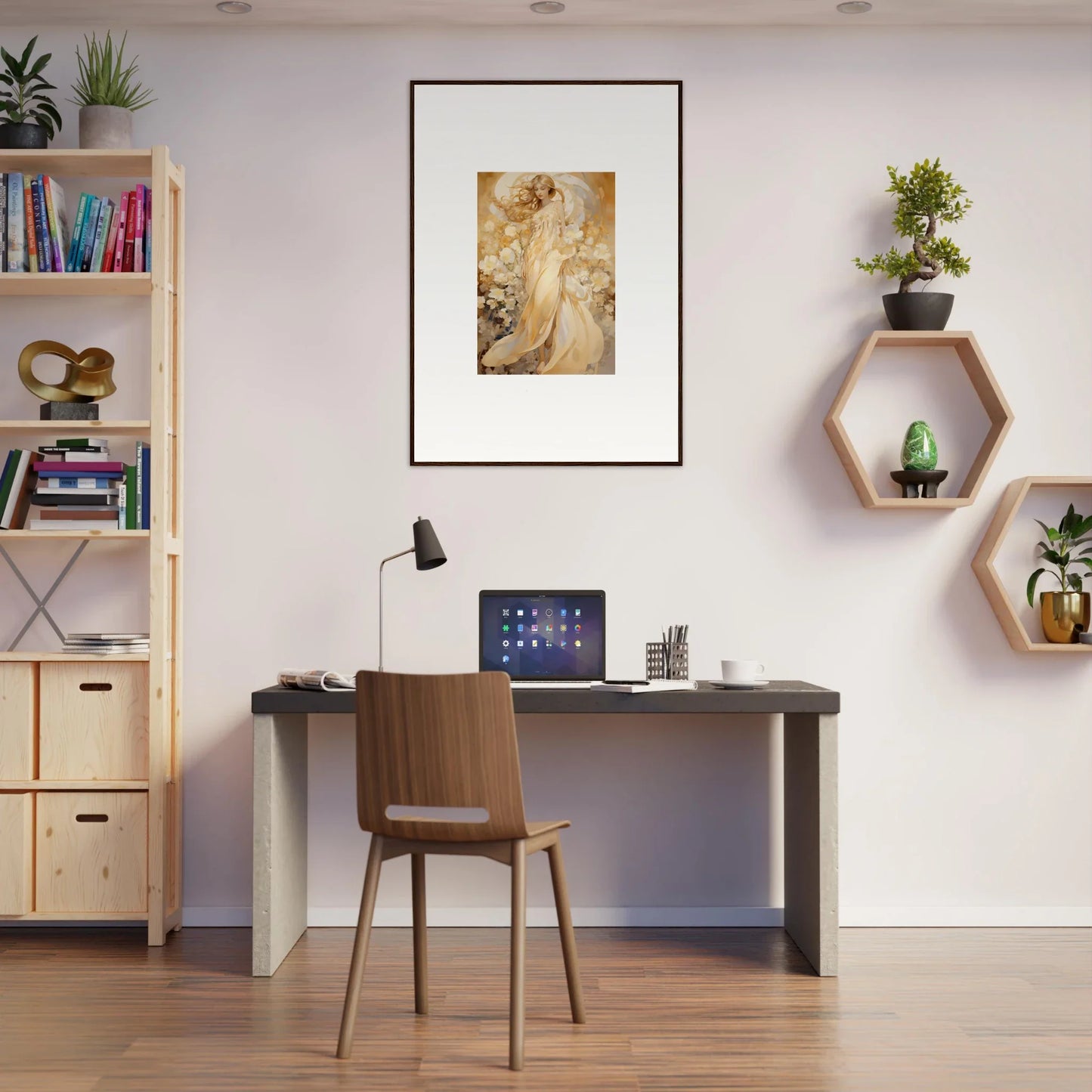 Home office setup featuring Moonlit Floral Harmony canvas print and stylish decor