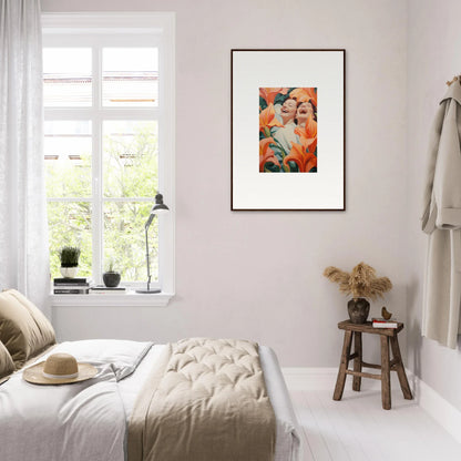 Framed photo of people with orange flowers, perfect wall art for room decoration