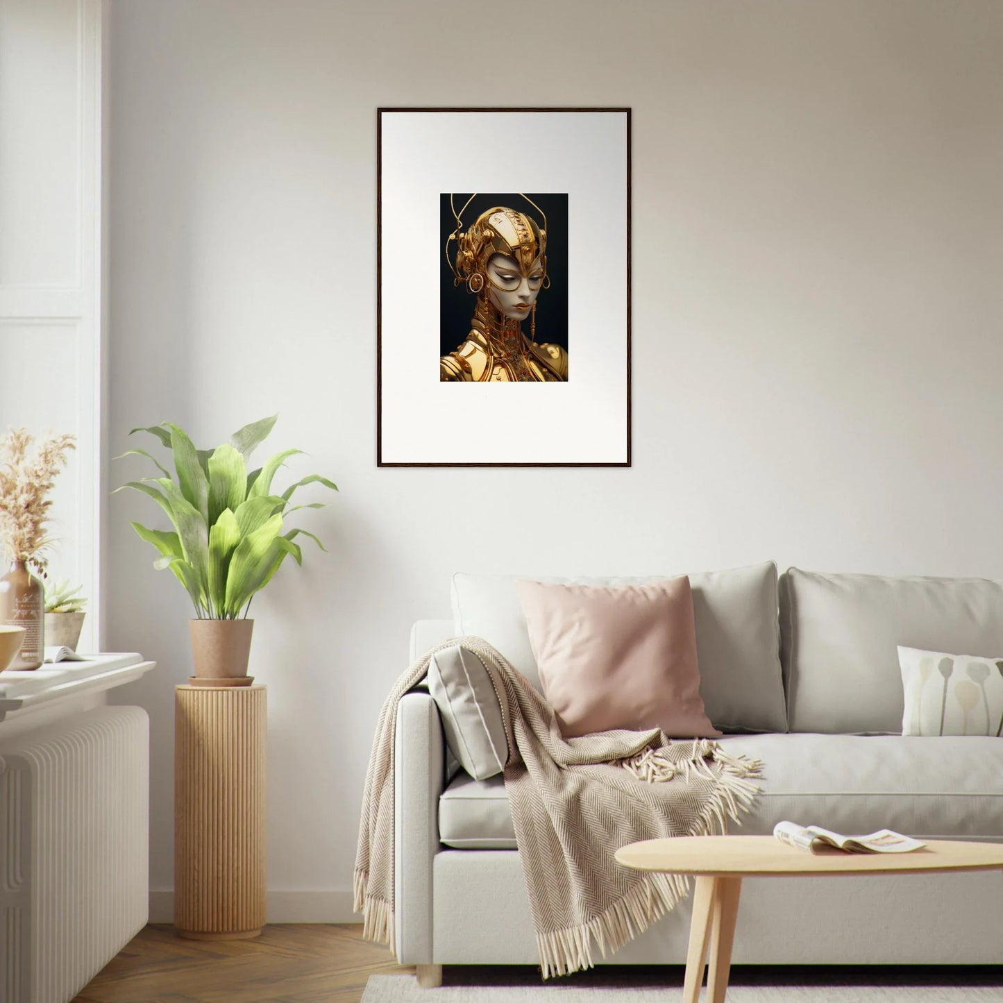 Framed Moulin Mystique canvas print of a golden figure with an ornate headdress