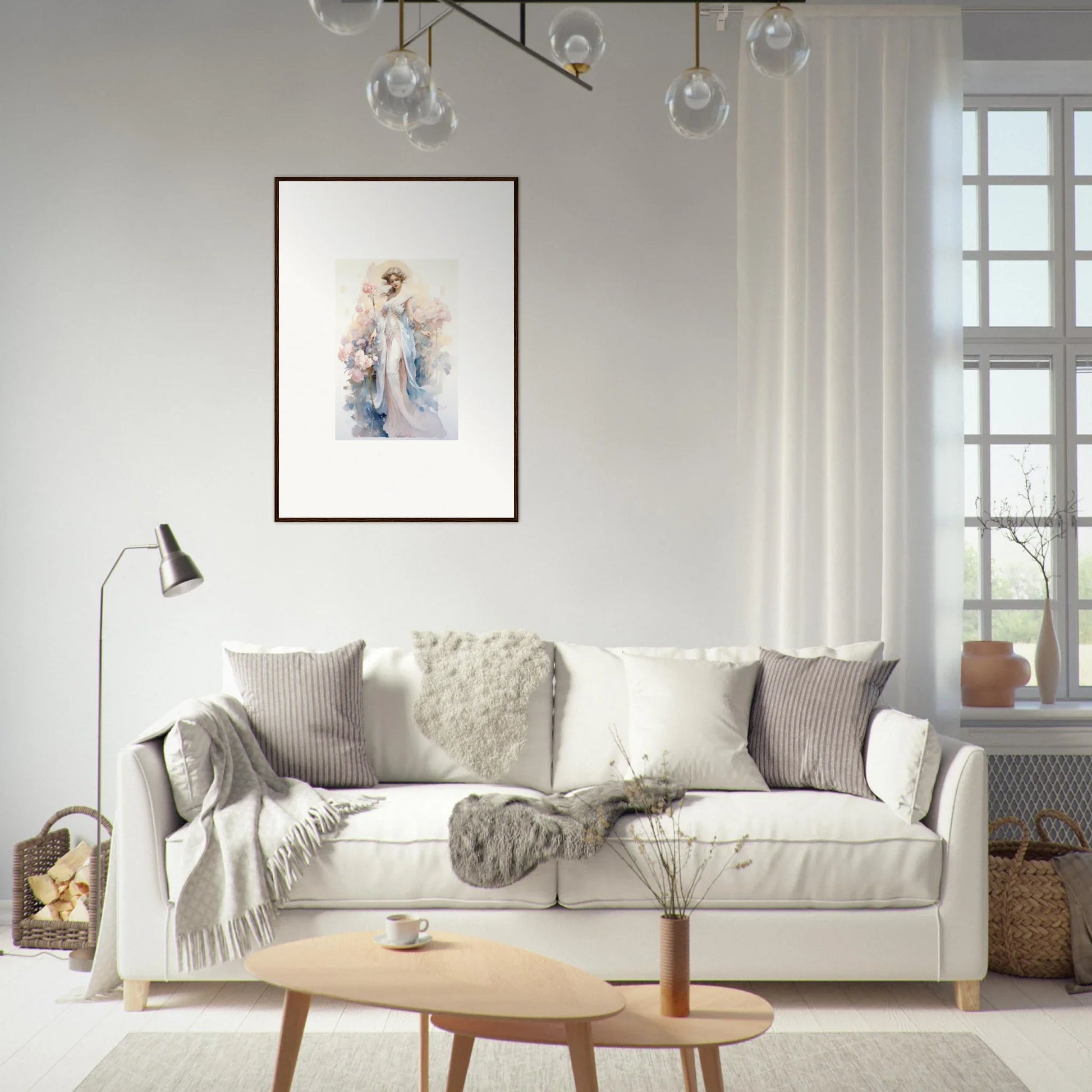 Cozy White Sofa with Pillows and Blankets - Perfect for Blossom Serenade Room Decoration