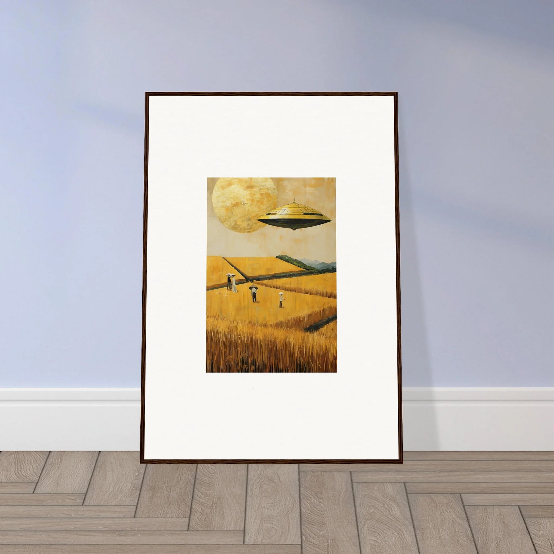 Framed UFO canvas print over a melancholy field perfect for unique room decoration